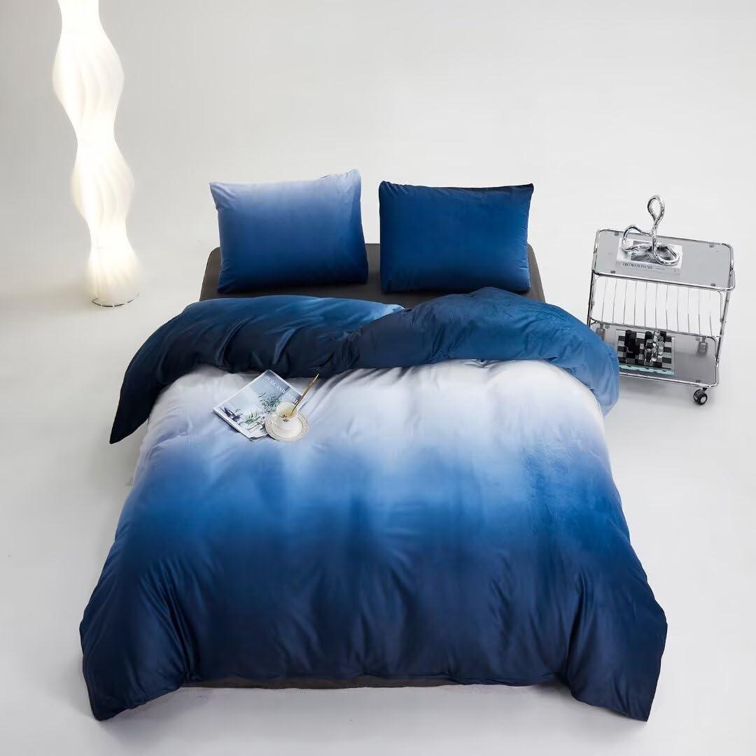 CLOTHKNOW CLOTHKNOW Blue White Velvet Duvet Cover Set Queen 3Pcs Dark Blue Fluffy Bedding Sets Blue White Bedding Duvet Cover Sets Soft Flannel Bedding Queen Size Sets Blue Bedding Sets