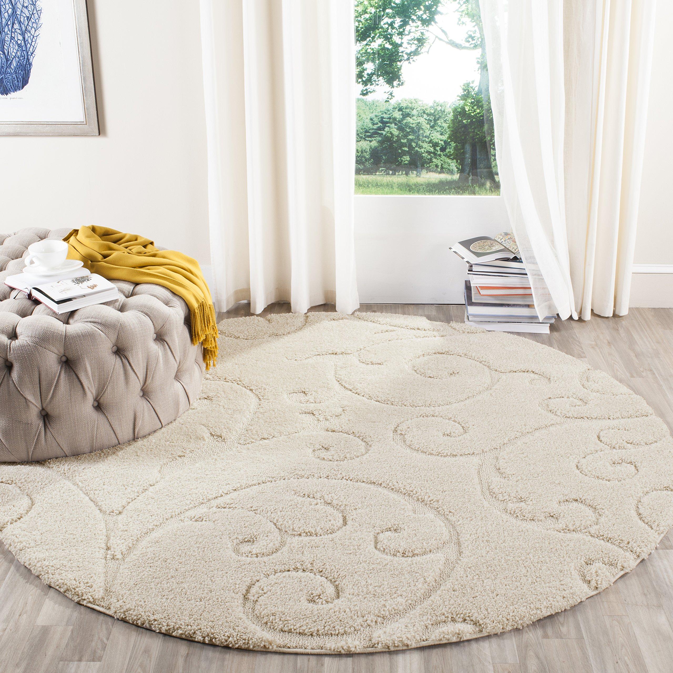Safavieh SAFAVIEH Florida Shag Collection Area Rug - 6'7" Round, Creme & Creme, Scroll Design, Non-Shedding & Easy Care, 1.2-inch Thick Ideal for High Traffic Areas in Living Room, Bedroom (SG455-1111)