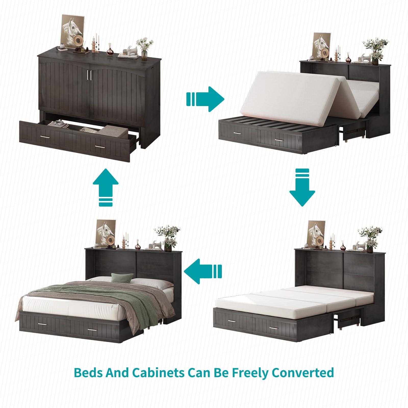 BALUS BALUS 64\" W Murphy Bed Cabinet with Mattress,Murphy Bed Queen,Modern Muti-Functional Cube Cabinet Bed 2 Large Drawers&3 Level Folding Foam Mattress for Living Room/Apartment/Loft (Stone Grey)