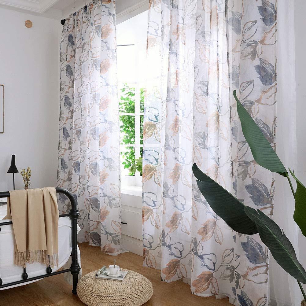 Enforose Enforose Sheer Curtains Printed, Leaf Pattern Polyester Window Drapes Sheer Floral Curtains Bedroom Living Room Decor(Brown)