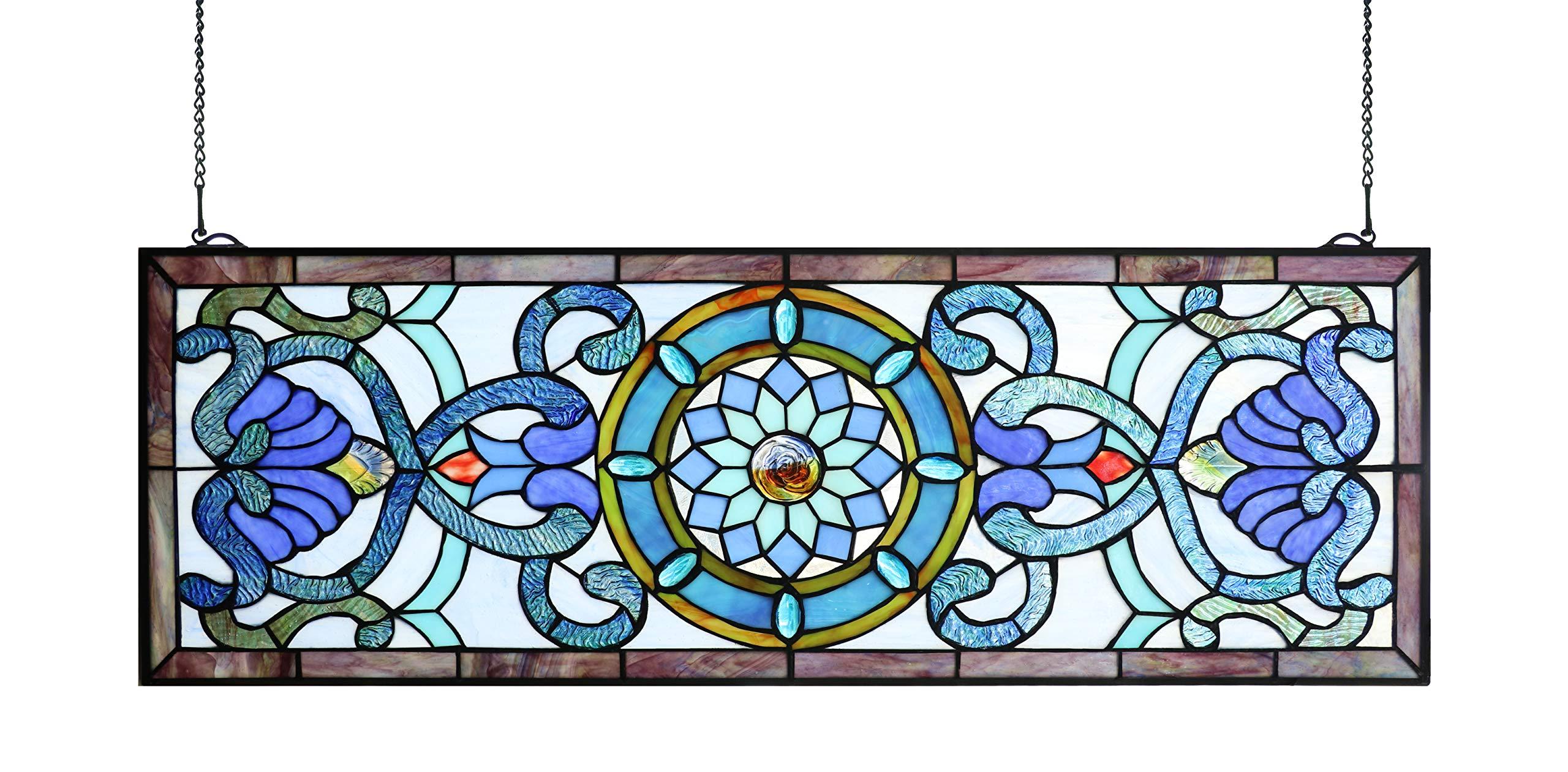 Yogoart Yogoart Extra Large Horizontal 35 Inch Blue Victorian Stained Glass Window Panels Hanging Transom Window 12 Inch Wide