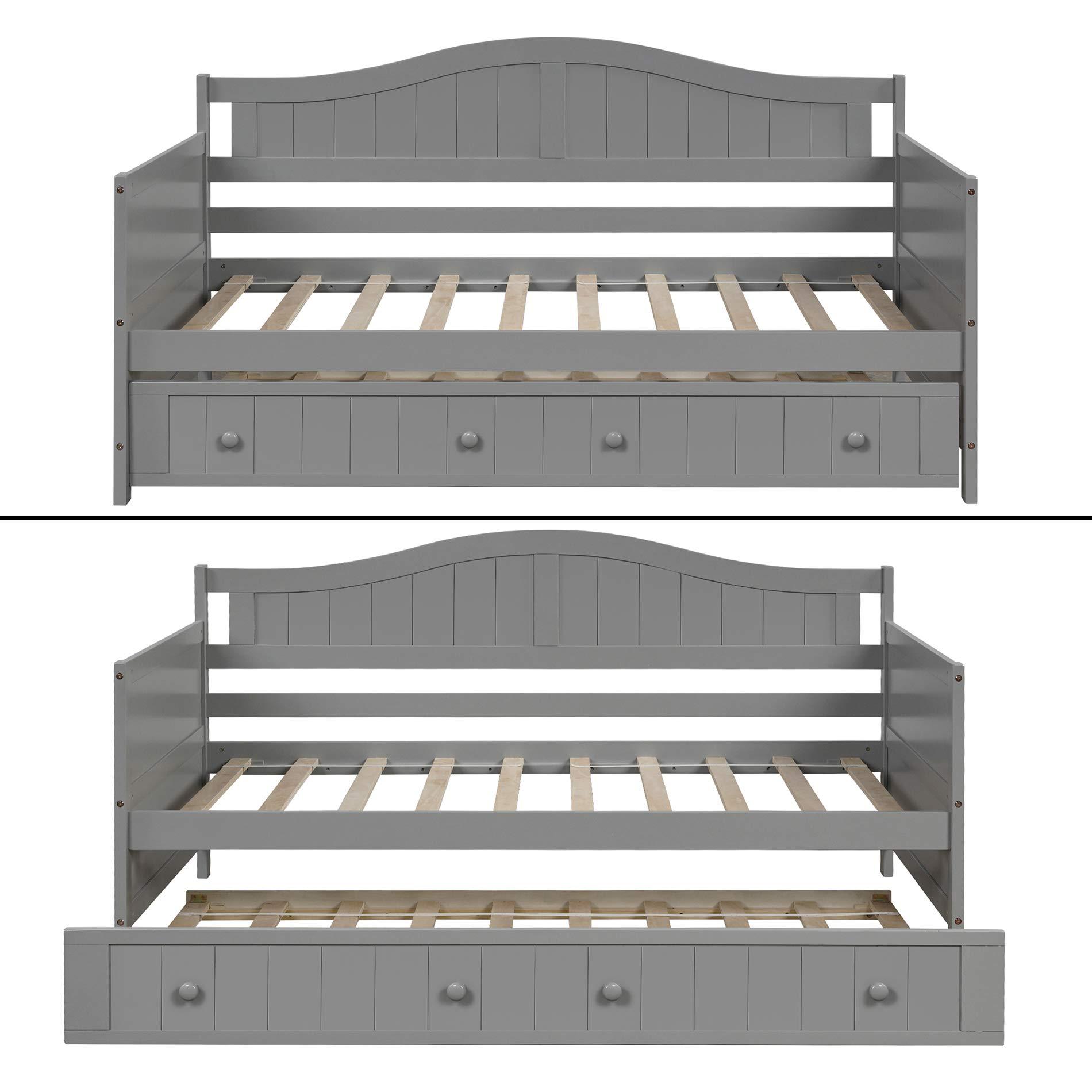 Merax Merax Twin Daybed with Trundle Bed, Wood Daybed Frame with Wood Slat Support, Sofa Bed for Bedroom Living Room, No Box Spring Needed, Gray