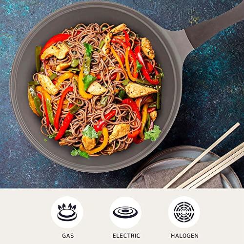 Neoflam Neoflam Eela 12'' Non Stick Chef's Wok with Glass Lid, Stir Fry Pan and POFA-Free Ceramic Coating for Cooking Saute Vegetables, Meat, Fish, 12 inch, Deep Blue (Handle assemble required)