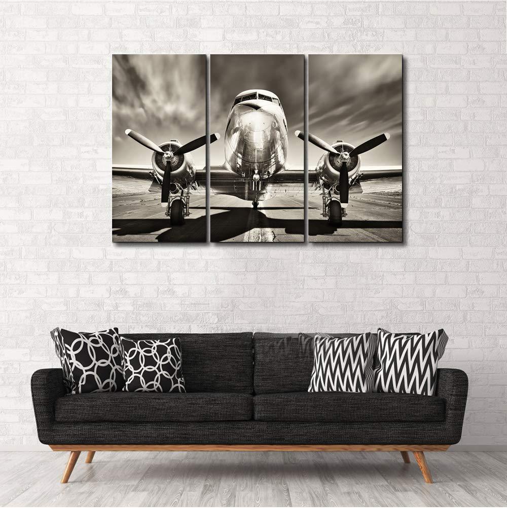KLVOS KLVOS 3 Piece Airplane Wall Art Vintage Black and white Propeller Aircraft Picture for Boy Room Home Office Modern Home Decor Stretched and Framed Ready to Hang - 16"x32"x3pcs