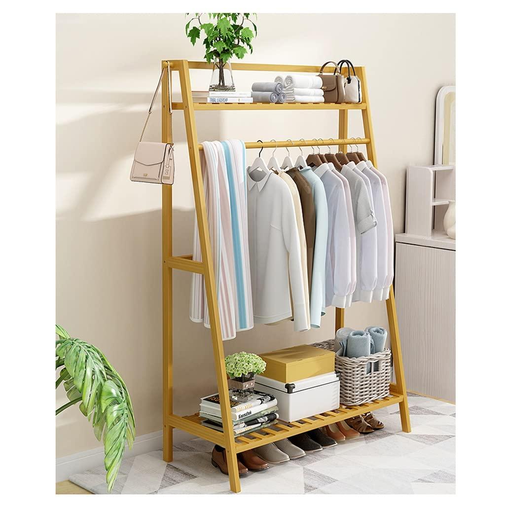 HomeLoft Basics Bamboo Clothing Rack with 2-Tier Shelves and Hanging Bar, Anti-Falling Design Garment Closet with 2 Hooks for Cloth Coat Shoe Storage Organizer Shelf (Color : Khaki, Size : 80 * 40 * 140cm)