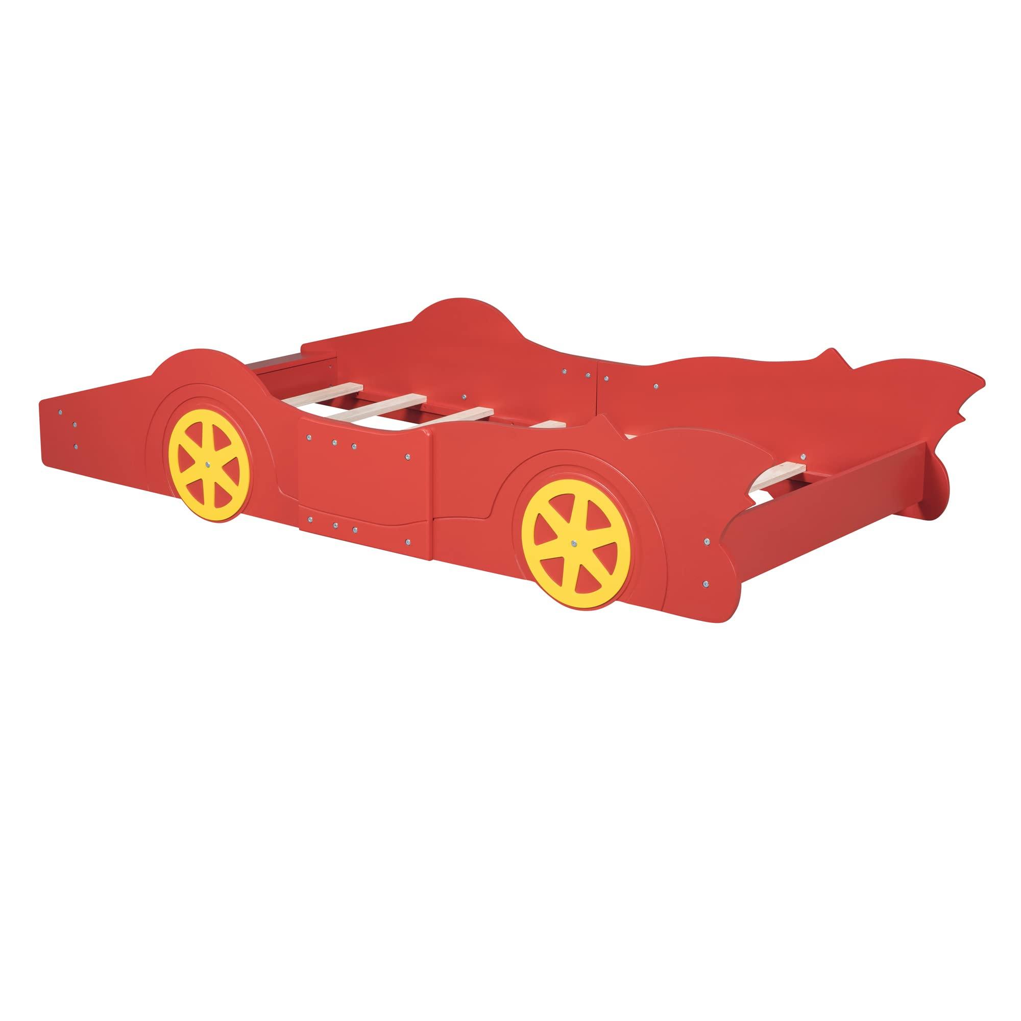 SOFTSEA SOFTSEA Twin Size Race Car Bed with Wheels, Car Shaped Platform Bed for Kids, Wood Car Bed Frame with Guardrails, Twin Car Shaped Bed for Kids Boys, No Box Spring Needed, Red
