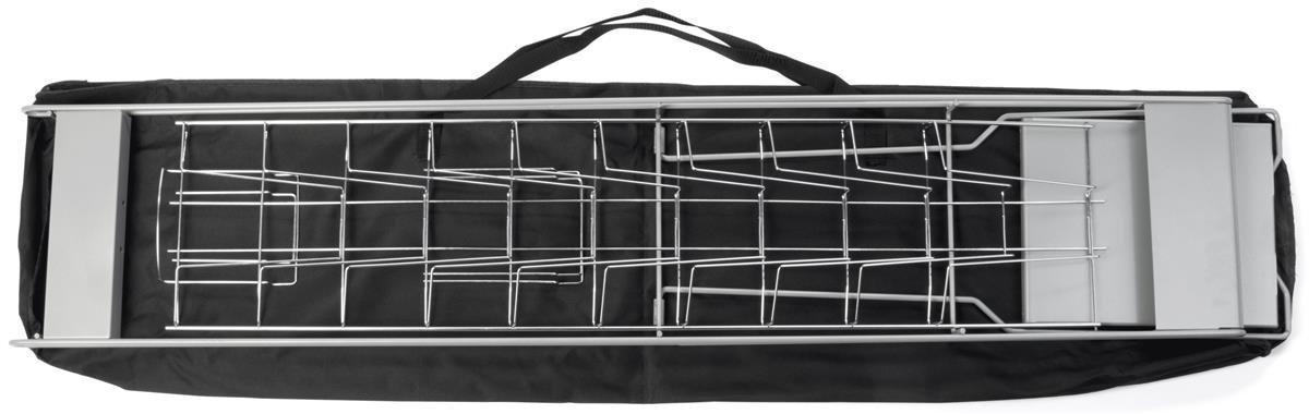 Displays2go Portable Literature Stand with 10 Pockets for 8.5x11 Magazines, Carrying Bag Included, 54\"h Floor-Standing Magazine Rack with Tiered Design, Steel (Silver)