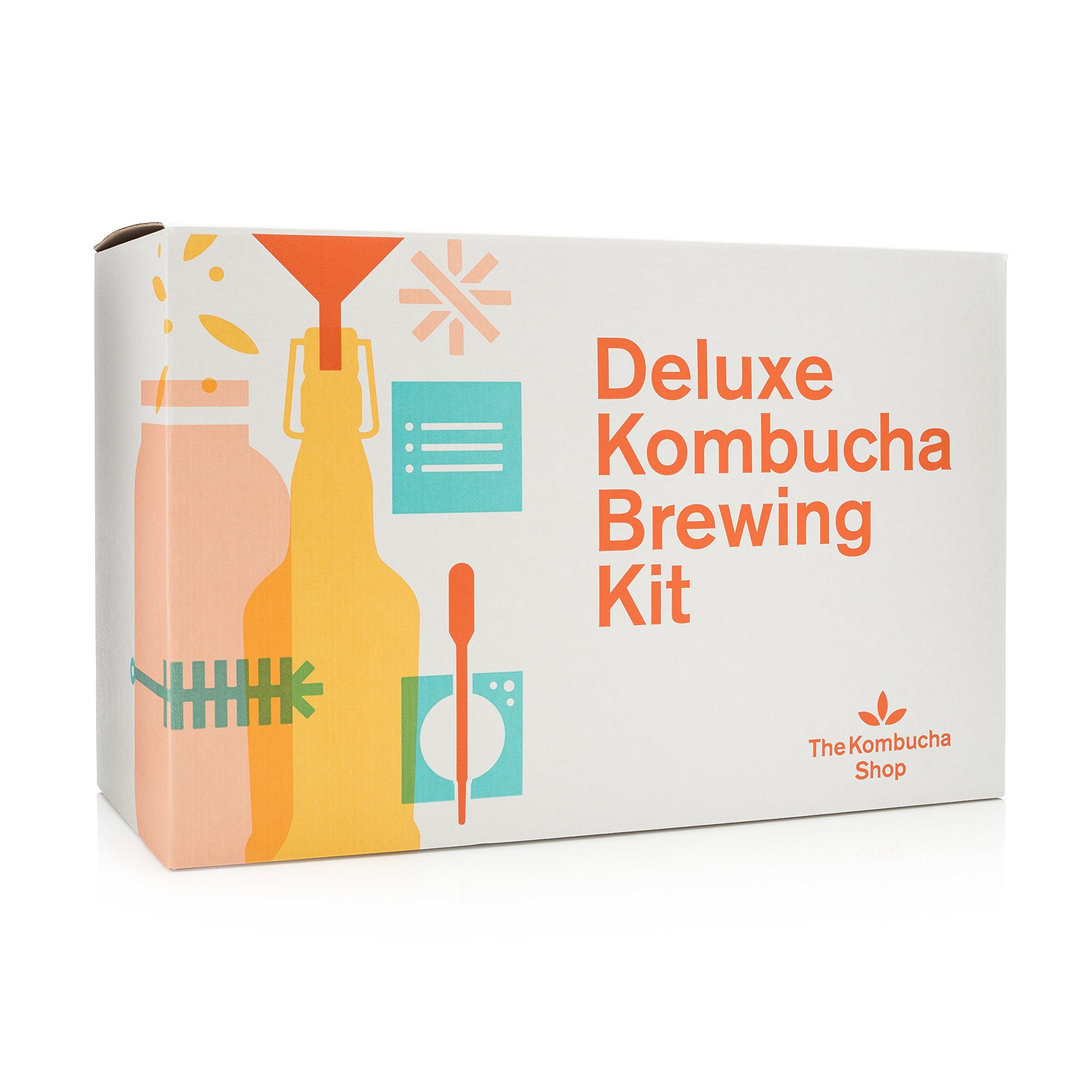 The Kombucha Shop The Kombucha Shop, Deluxe Kombucha Brewing Kit with Tea to Make an Additional 10 Gallons - Six Swing Top Bottles, Stainless Steel Funnel, Custom Bottle Brush, 10 Gallon Tea & Our Original Brewing Kit