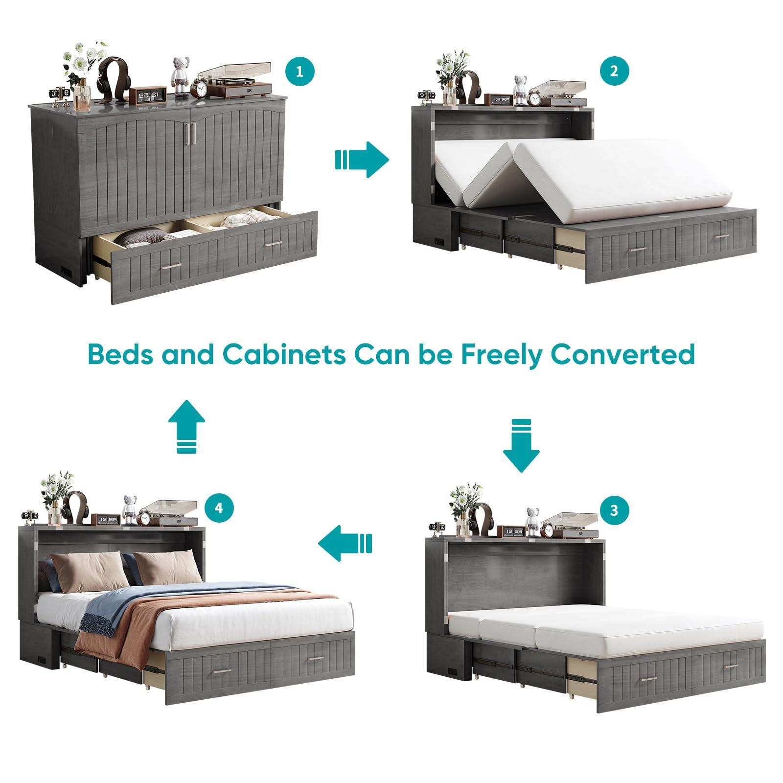 BALUS BALUS 64\" W Murphy Bed Cabinet with Mattress,Murphy Bed Queen,Modern Muti-Functional Cube Cabinet Bed 2 Large Drawers&3 Level Folding Foam Mattress for Living Room/Apartment/Loft (Stone Grey)