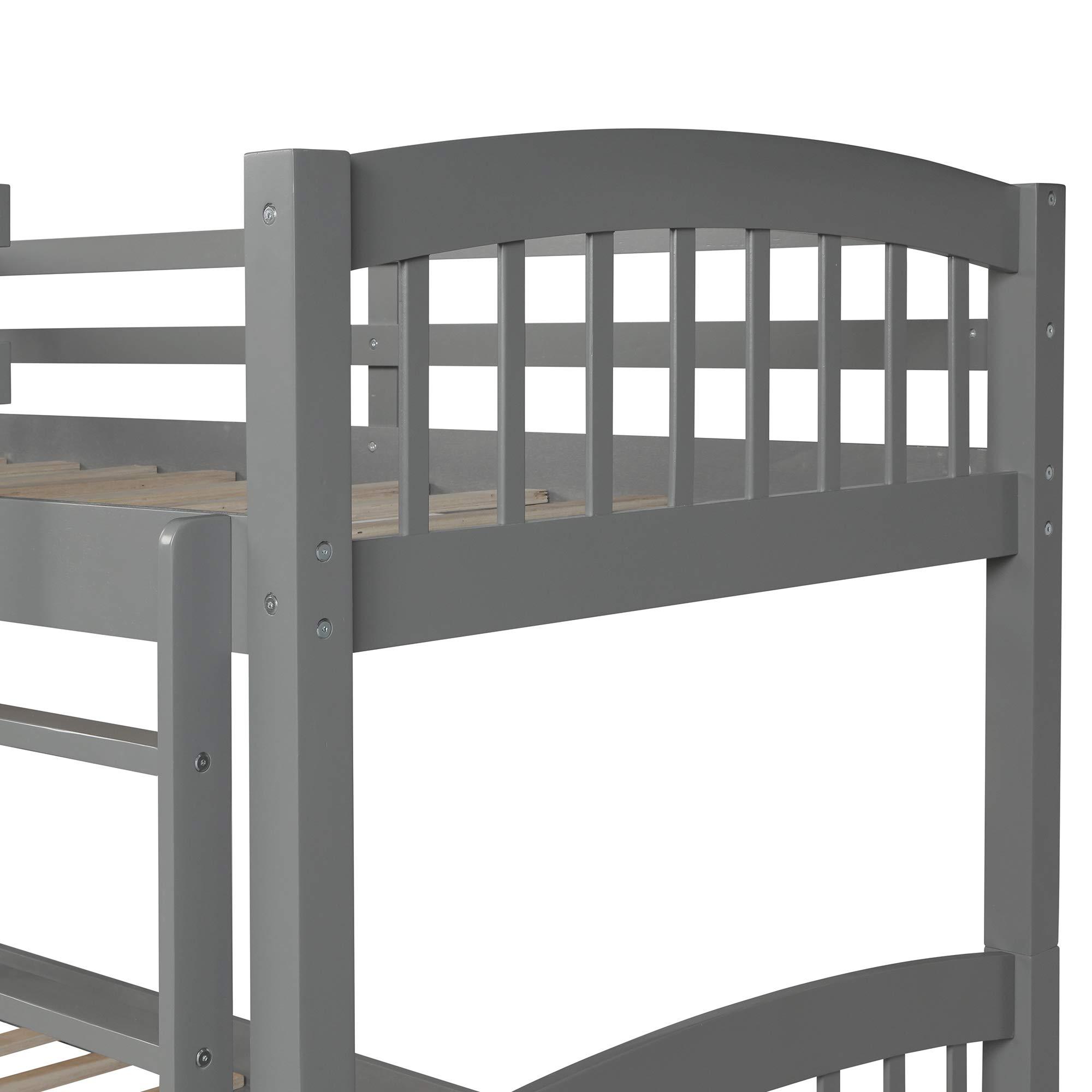 XD Designs XD Designs Twin Over Twin Bunk Bed with Trundle Bed and 3 Storage Drawers, Solid Wood Bed Frame with Ladder/Safety Rail for Kids, Teens Bedroom (Grey)