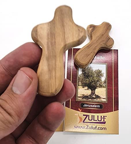 Zuluf Zuluf Two Small Olive Wood Crosses Pocket Holding Comfort Crosses | Handheld Comforting Design for Clutching, Clinging and With Two Holy Land Certificates 6cm / 2.5 Inch Each Cross - CRS094