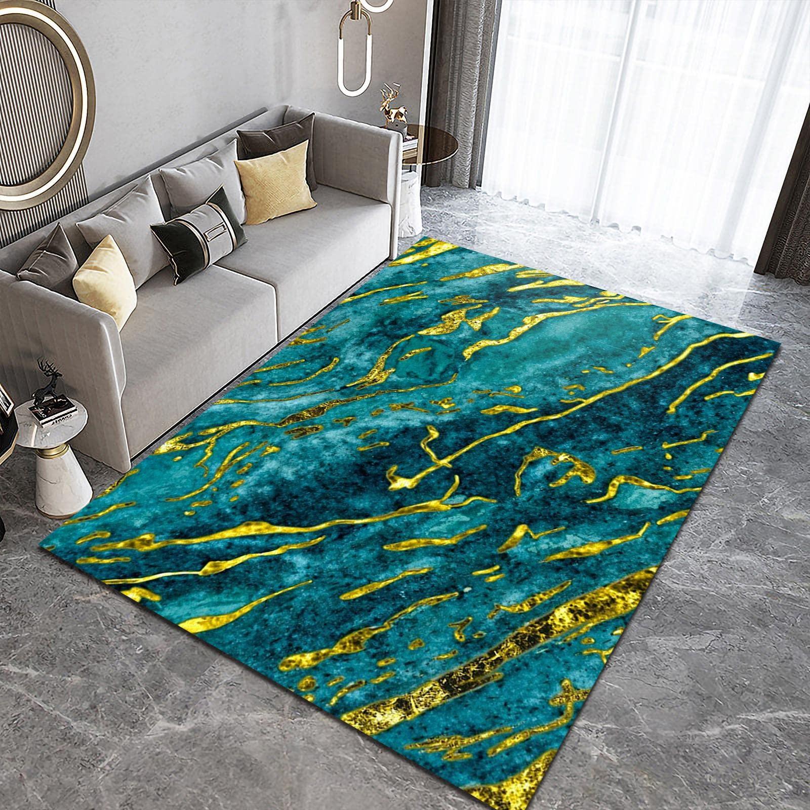 HomeLoft Basics Luxury Emerald Green Area Rug, Boho Green Marble Rugs for Living Room, Boho Golden Pattern Washable Rug for Entrance Dining Room Patio Bedroom Bedside, 4x6ft