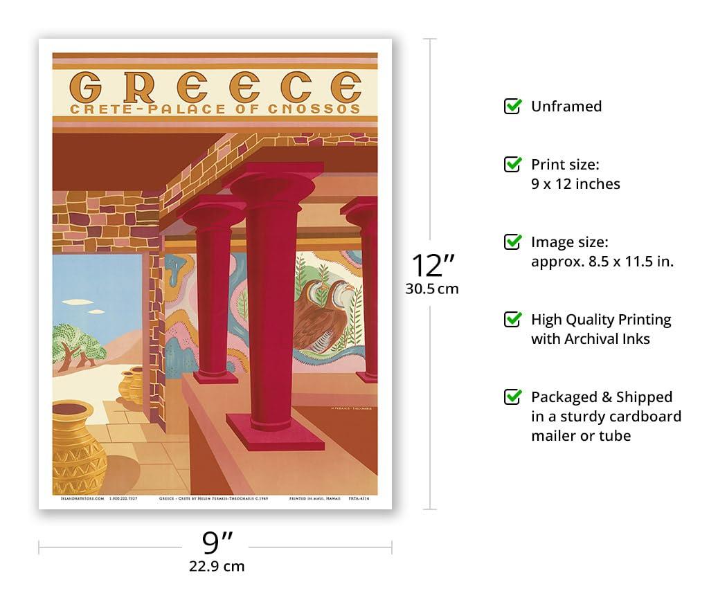 Pacifica Island Art Crete Greece - Palace of Cnossos (Knossos) - Vintage Travel Poster by Helen Perakis-Theocharis c.1949 - Master Art Print (Unframed) 9in x 12in