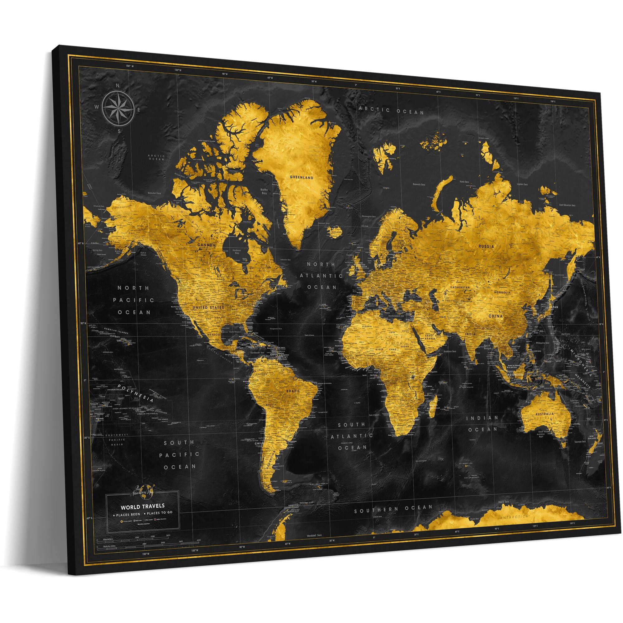 Pin Adventure map Push Pin World map with pins to mark travels - World Map pinboard - Gift for traveler & interior decor (40 x 30, Midnight Gold)