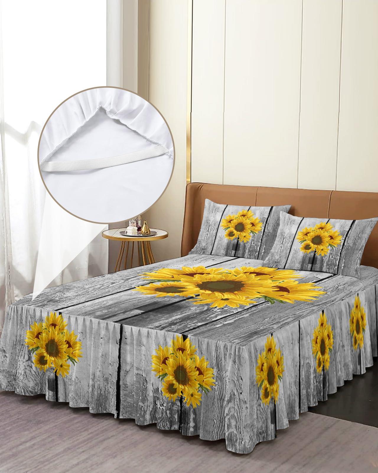 Yukro Ruffled Bed Skirt King Size with 18 Drop, Sunflower Bottle Retro Wood Grain Wrap Around Bed Skirt with 2 Pillow Sham, Easy Fit Fade Resistant Dust Ruffle Decorative Bed Skirt