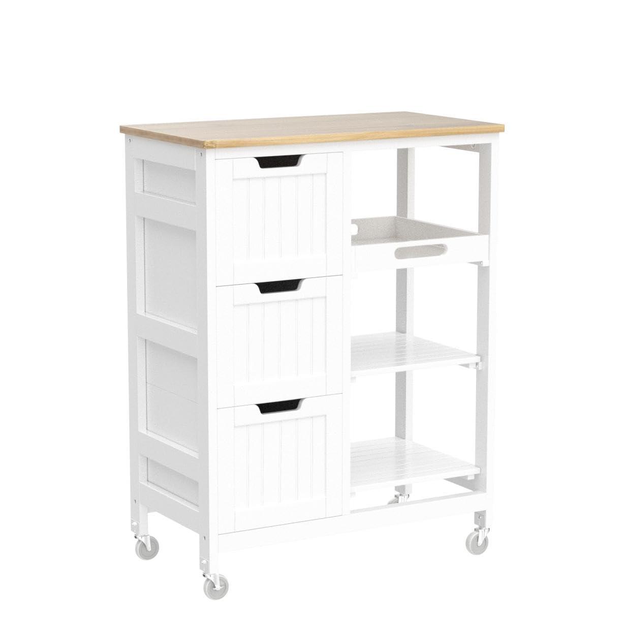 Yaheetech Yaheetech Kitchen Island Cart on Wheels with Bamboo Countertop, Rolling Serving Utility Trolley Cart with 3 Drawers, 3 Removable Shelves & Lockable Casters, Storage Cabinet for Dining Room, Bar, White