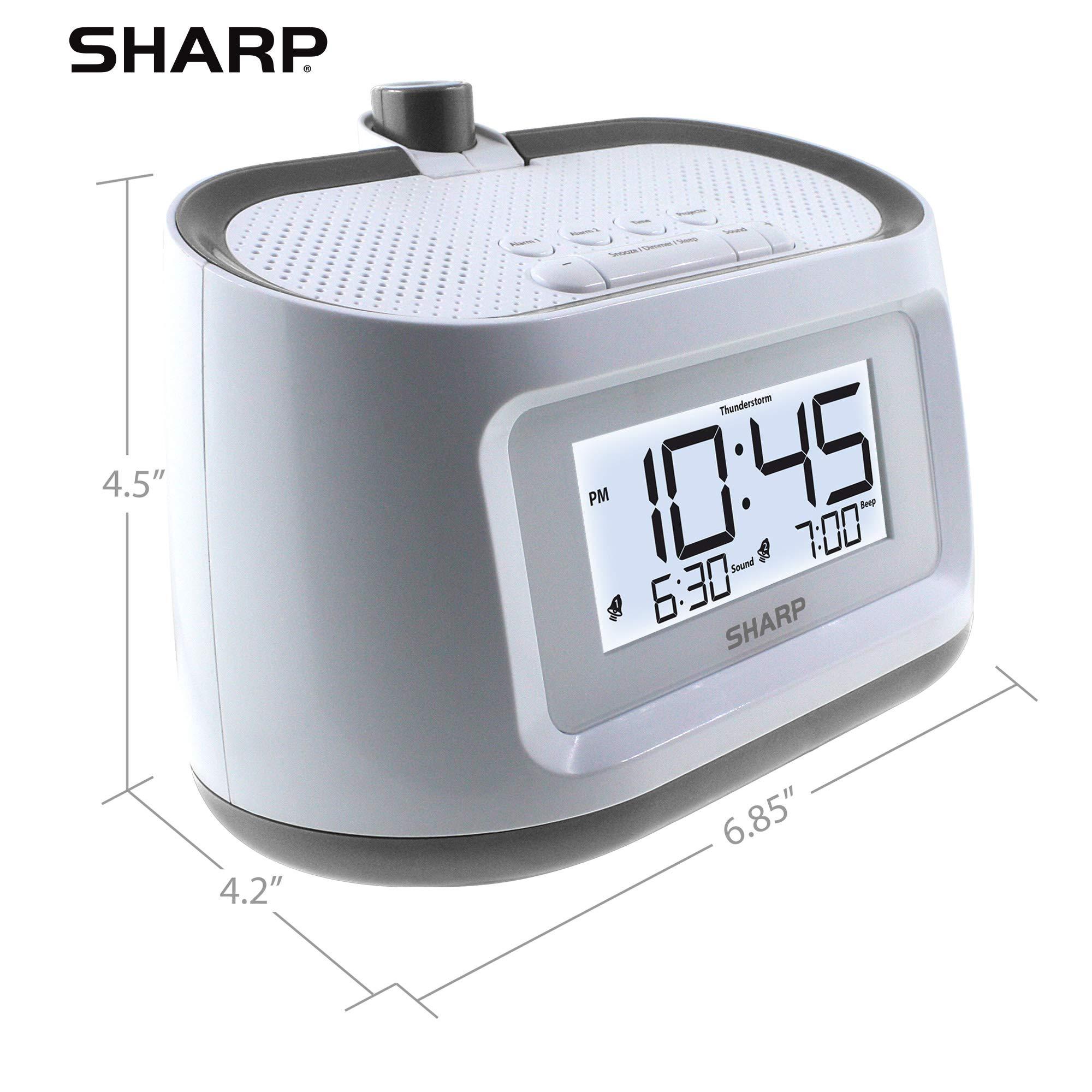 Sharp Sharp Projection Alarm Clock with Soothing Nature Sleep Sounds Easy to Read Projection on Wall or Ceiling 8 Sleep Sounds to Help Fall Asleep Faster, White Case with Gunmetal Trim