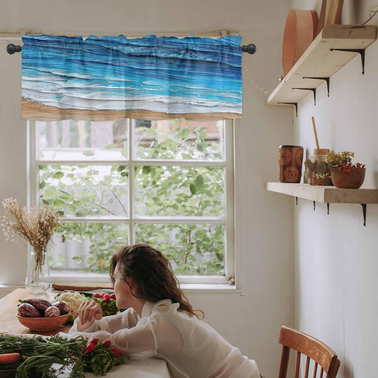 Double Love Blue Coastal Waves Valance Curtains for Living Room/Bedroom/Bathroom/Kitchen Window,Ombre Abstract Ocean Beach Minimalist Painting Rod Pocket Drape Curtains Small Cafe Drapery,1 Panel Valance 42"x12"
