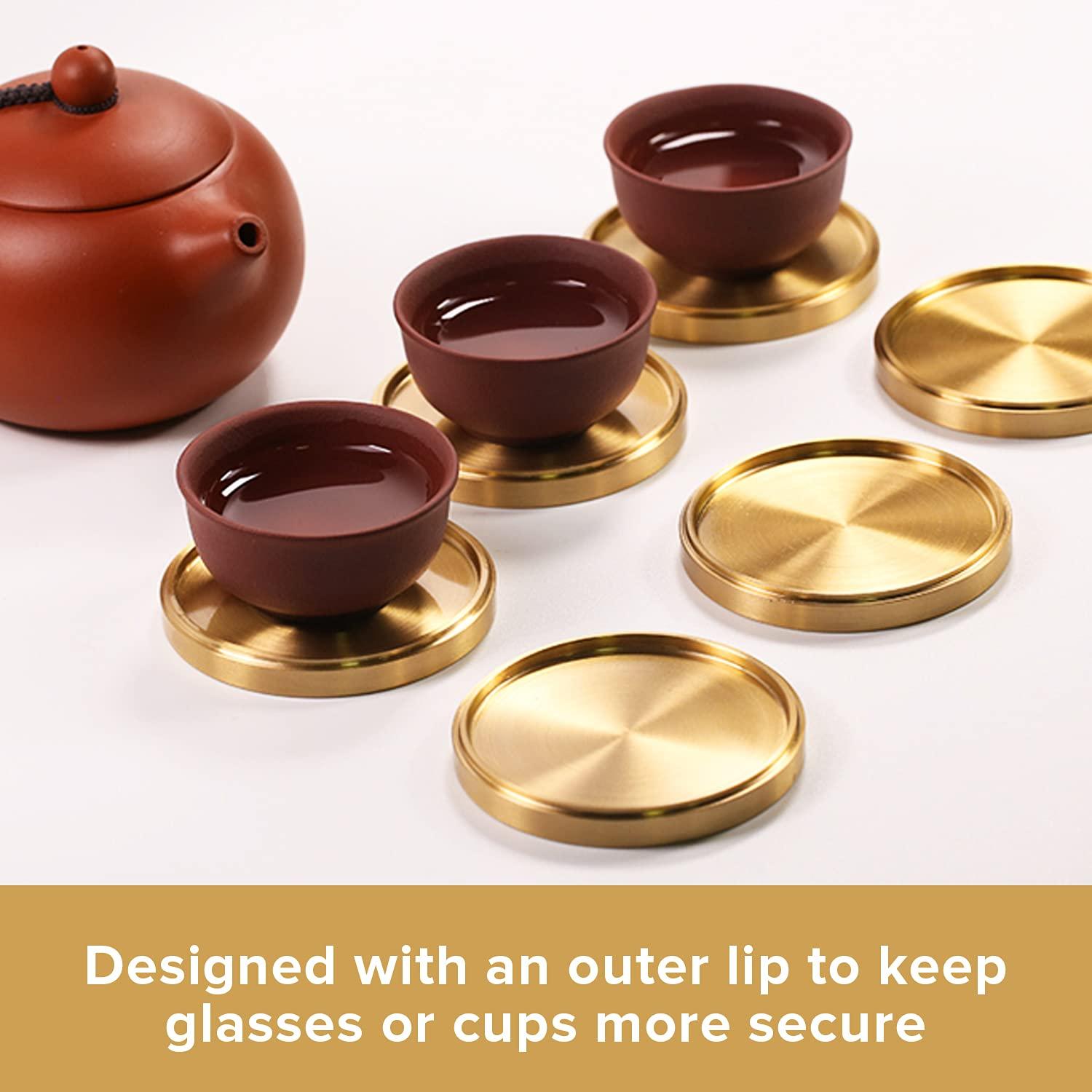 Primo Supply Heavy Brass Coasters for Drinks (6-Pack) - Solid Bronze Gold Coasters - Classy MCM Style Premium Coaster Set - 5 Star Hotel Table & Bar - Board Room Elegant Copper Cup Holder - L