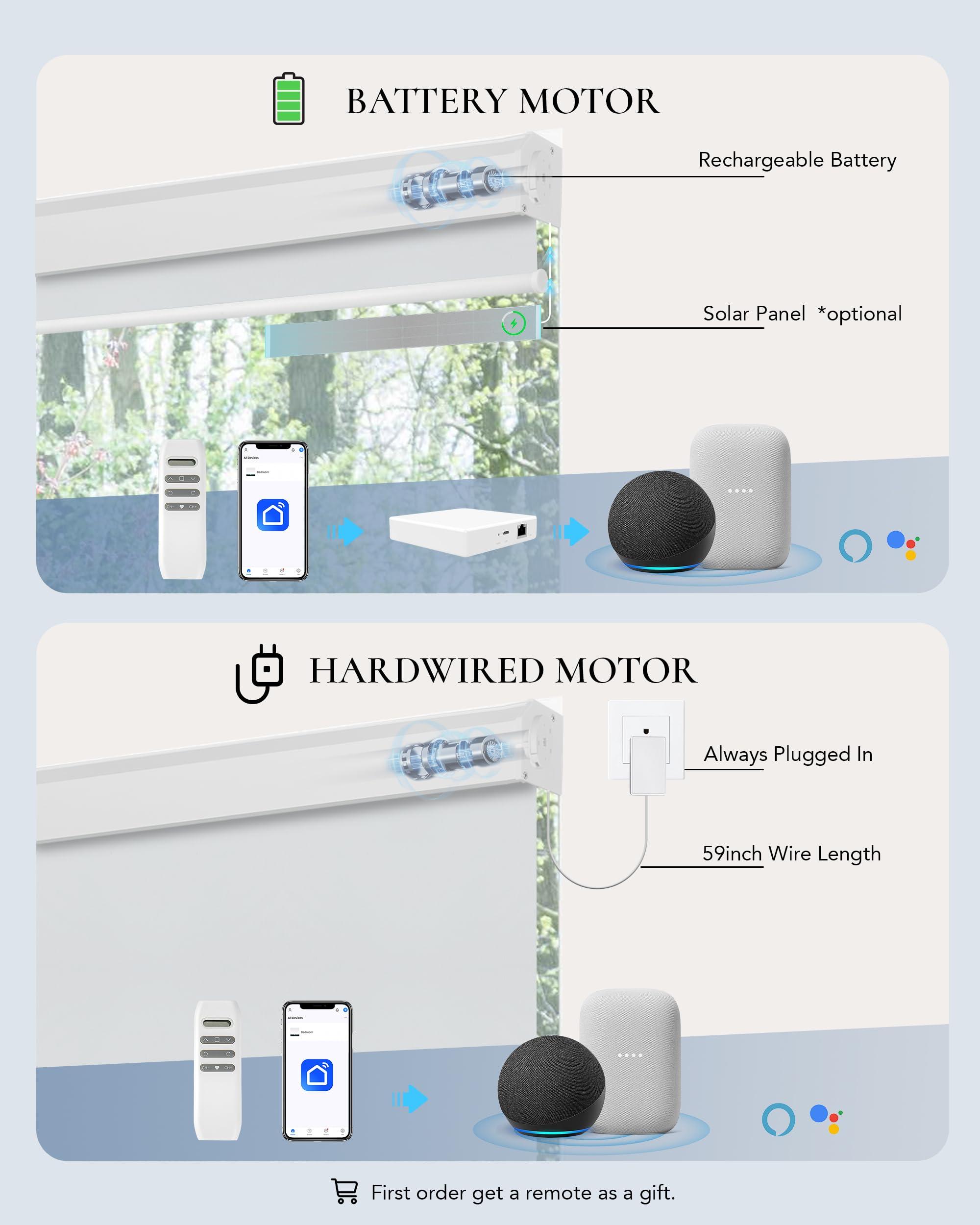 Kerxwerd Motorized Blinds with Remote, Kerxwerd Blackout Motorized Roller Shades Compatible with Alexa Google via Hub, Electric Shades for Window Customized, Vinyl Light Grey