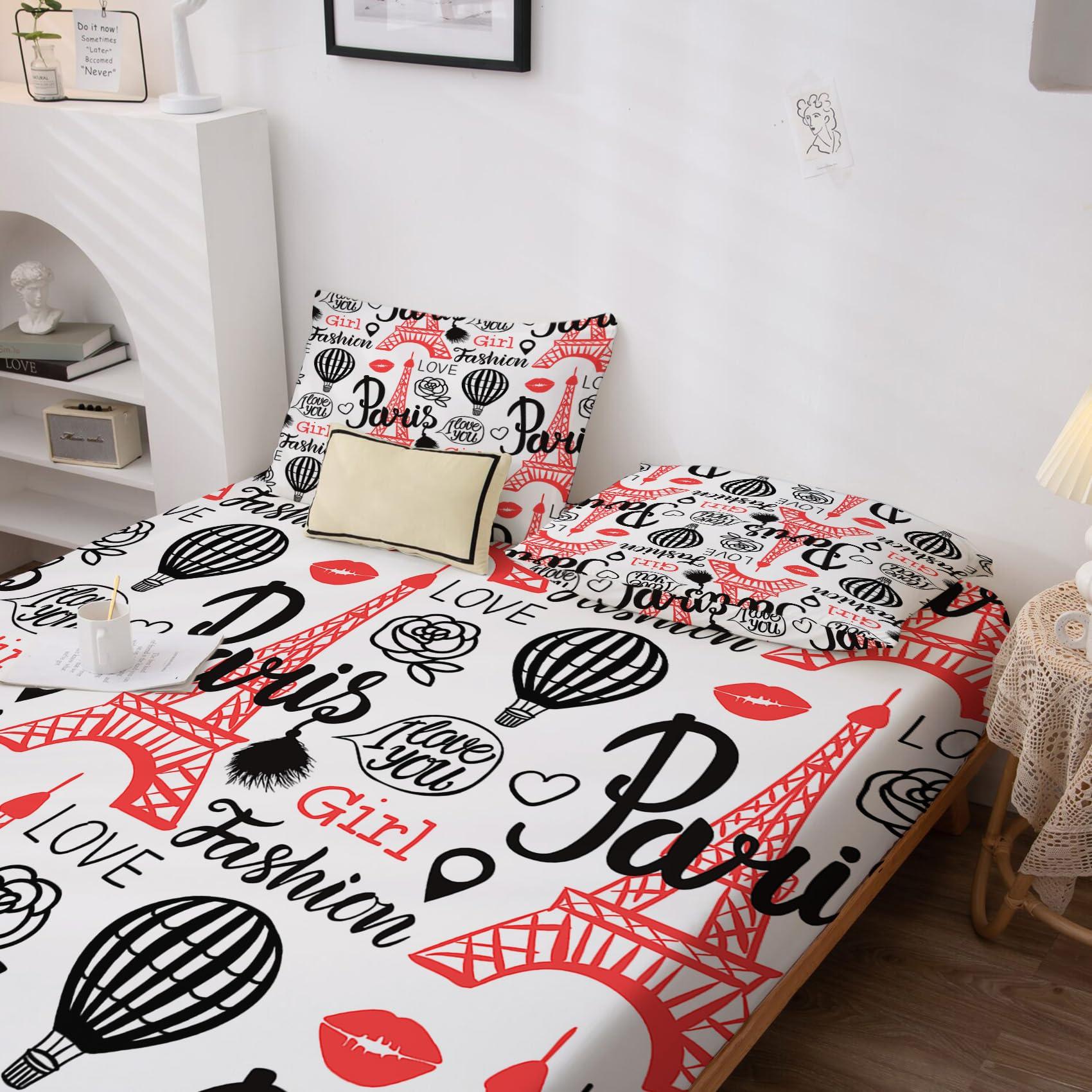 GEDAEUBA GEDAEUBA Paris Sheets Twin Sheet Set - Eiffel Tower Bed Sheets for Kids Boys Girls, Hot Air Balloon Sheet Set with Deep Pocket Fitted Sheet, Soft Microfiber Wrinkle Free Bedding Set