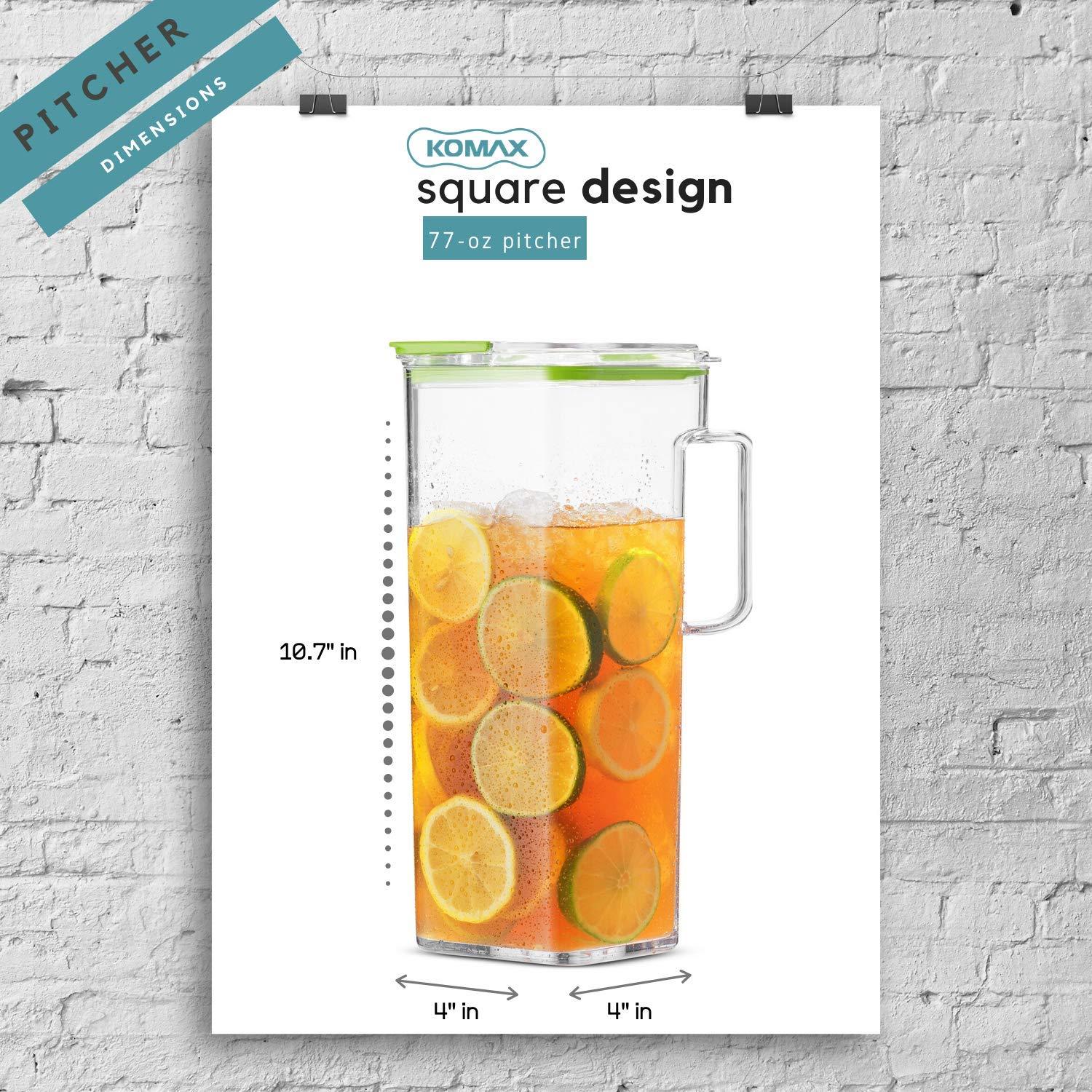 Komax Komax Large Plastic Water Pitcher with Lid Square Water Carafe BPA-Free, Dishwasher Safe Water, Tea, or Juice Containers with Lids for Fridge (2.3 Liters)