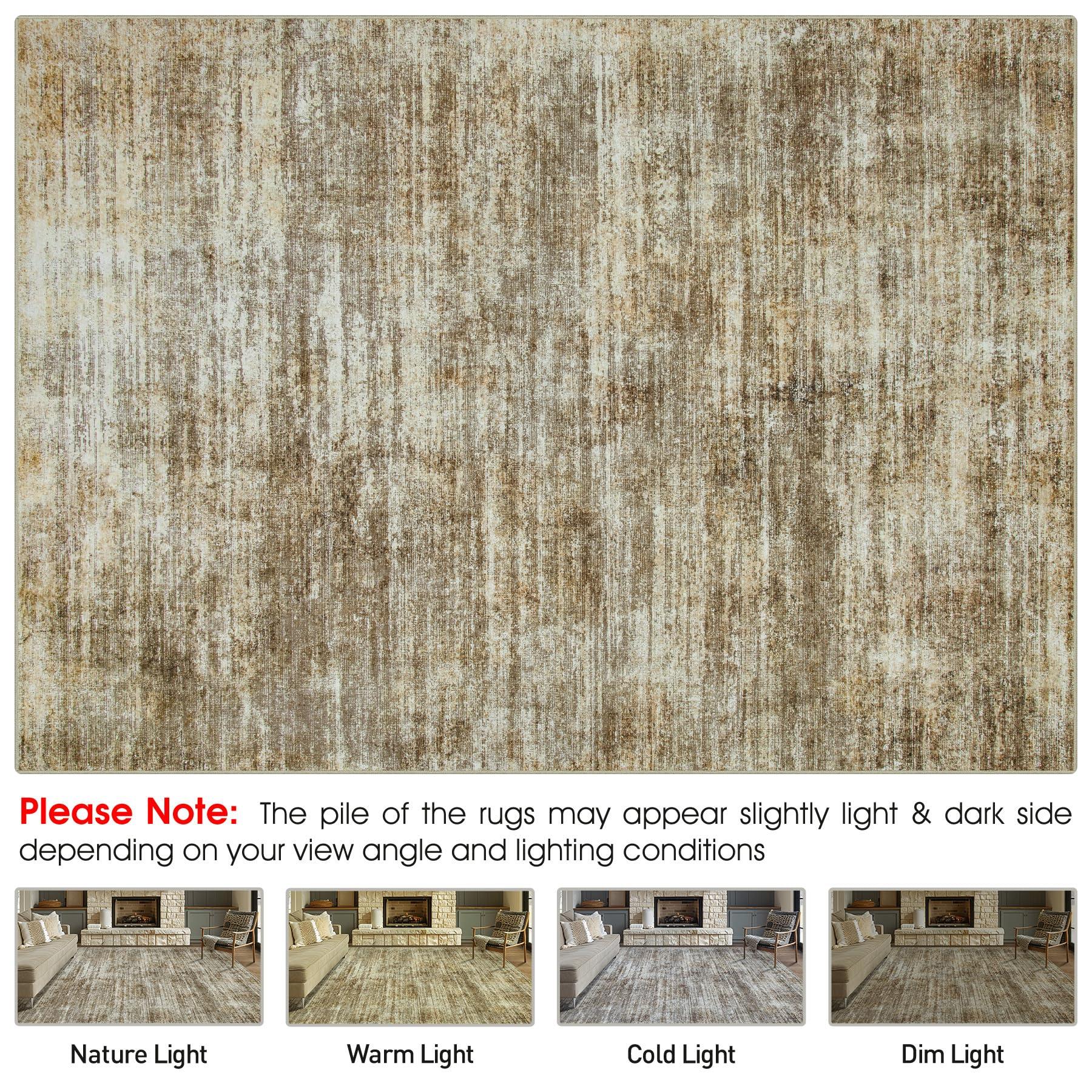 Tosuoka Area Rug 9x12 Washable Rugs: Abstract Large Living Room Rugs with Non-Slip Backing, Thin Carpet for Dining Room Table Bedroom Nursery Indoor Home Office-Brown