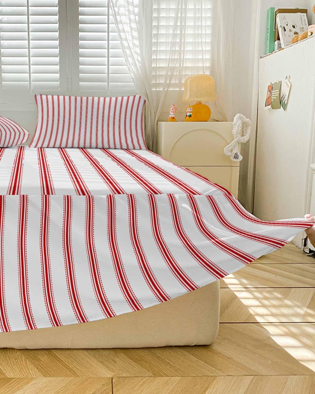 AMZRicher Red Stripes Wrap Around Pleated Bed Skirts for King Bed 78x80, Geometric Vertical Linens Modern Minimalism Decorative Dust Ruffle Bed Sheet & Bedskirt 18'' Drop Bedspread with Pillow Case 20x36