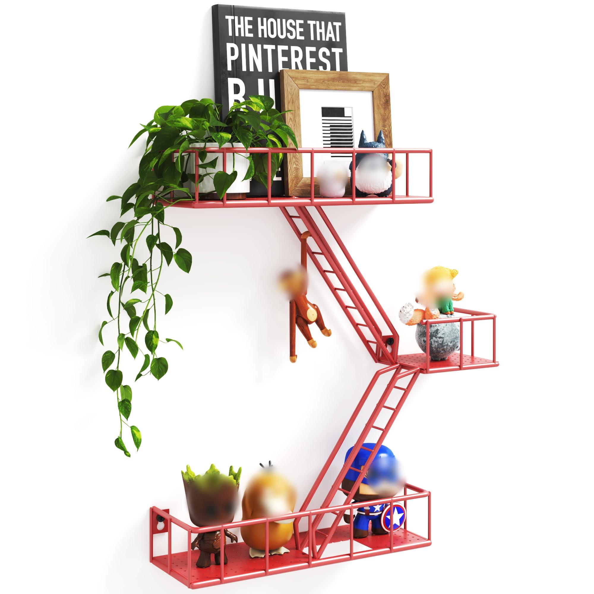 LUDORU Fire Escape Wall Shelf with Baskets, 3-Tier Metal Fire Escape Ladder Shelf Wall Organizer, New York Inspired Decorative Shelf, Red Floating Action Figurine Display Shelves for Bedroom, Home Dcor.