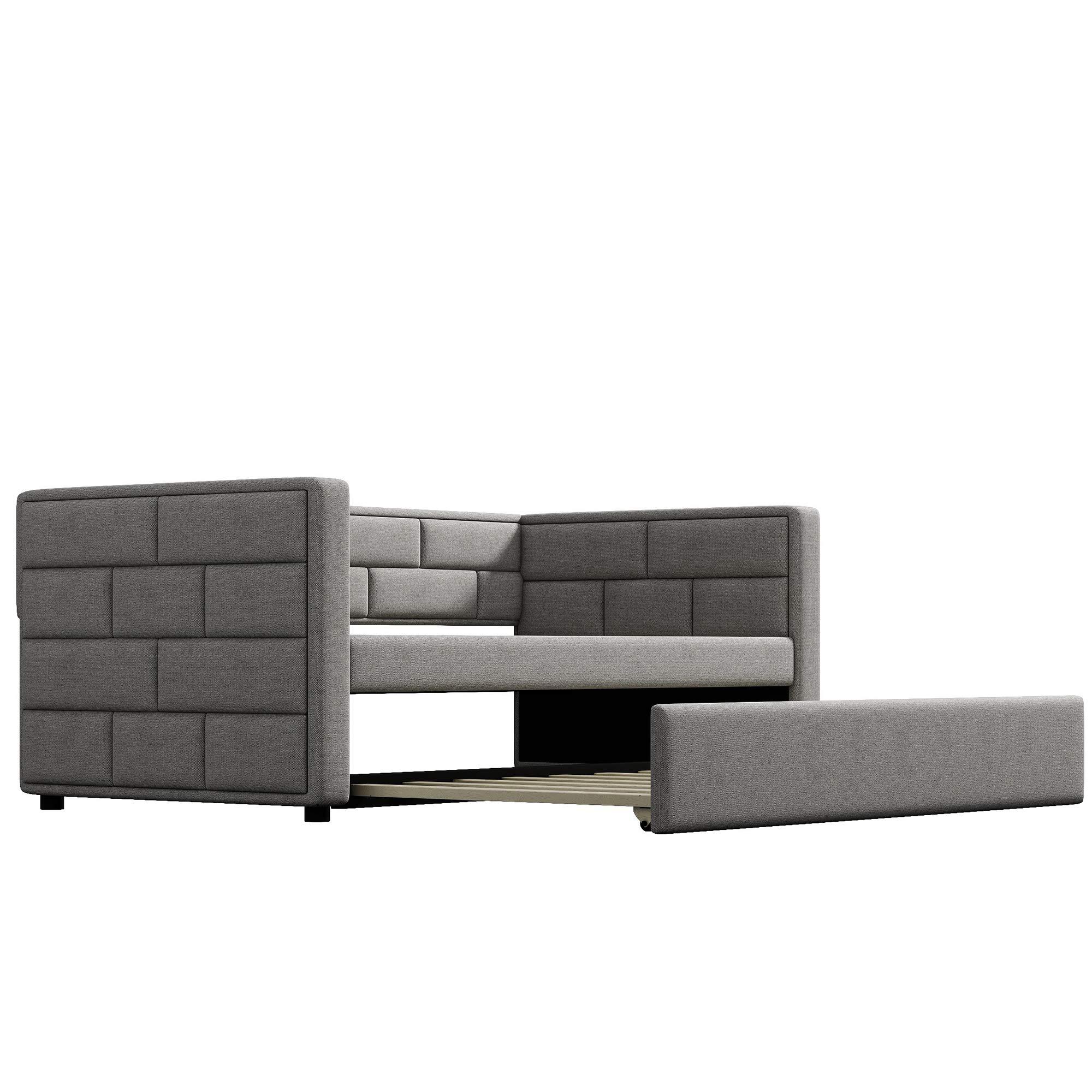 Flieks Flieks Upholstered Daybed with Trundle, Twin Size Upholstered Daybed Sofa Bed with Padded Back and Wood Slat Support, Grey