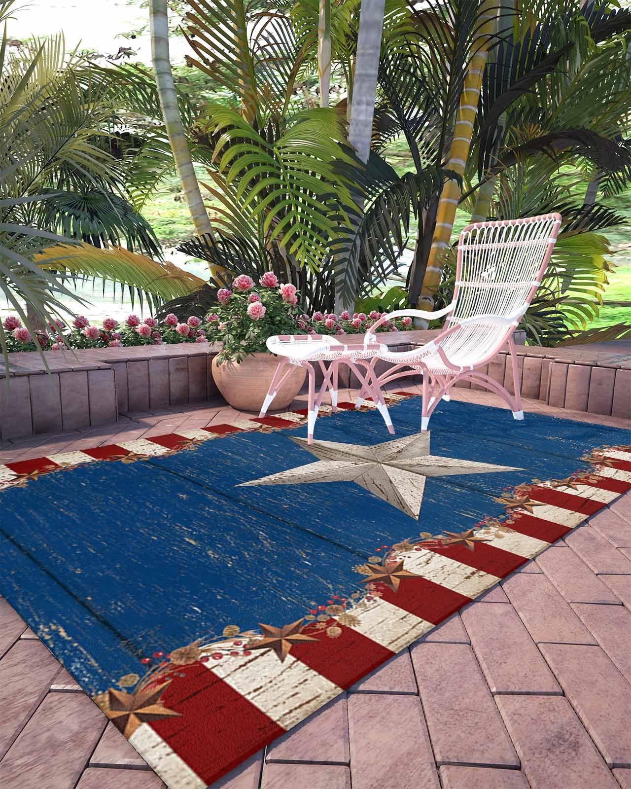 PIEPLE Rustic Stars Country Large Rectangular Area Rugs 3' x 5' Living Room, Durable Non Slip Rug Carpet Floor Mat for Bedroom Bedside Outdoor Red Blue Berry Farmhouse Wood