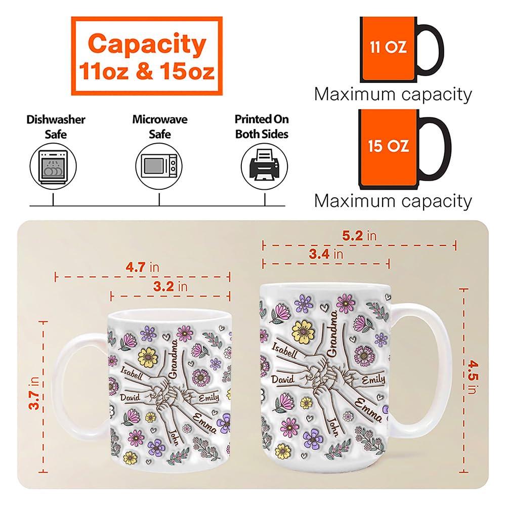 TrendingAz Custom Grandma 3D Inflated Effect Printed Holding Hand Mug, Grandma Kid Mug With Name, Gift For Mom Grandma, Birthday Gift, Mothers Day Gift, Holding Hand Grandma Mug, Family Custom Mug