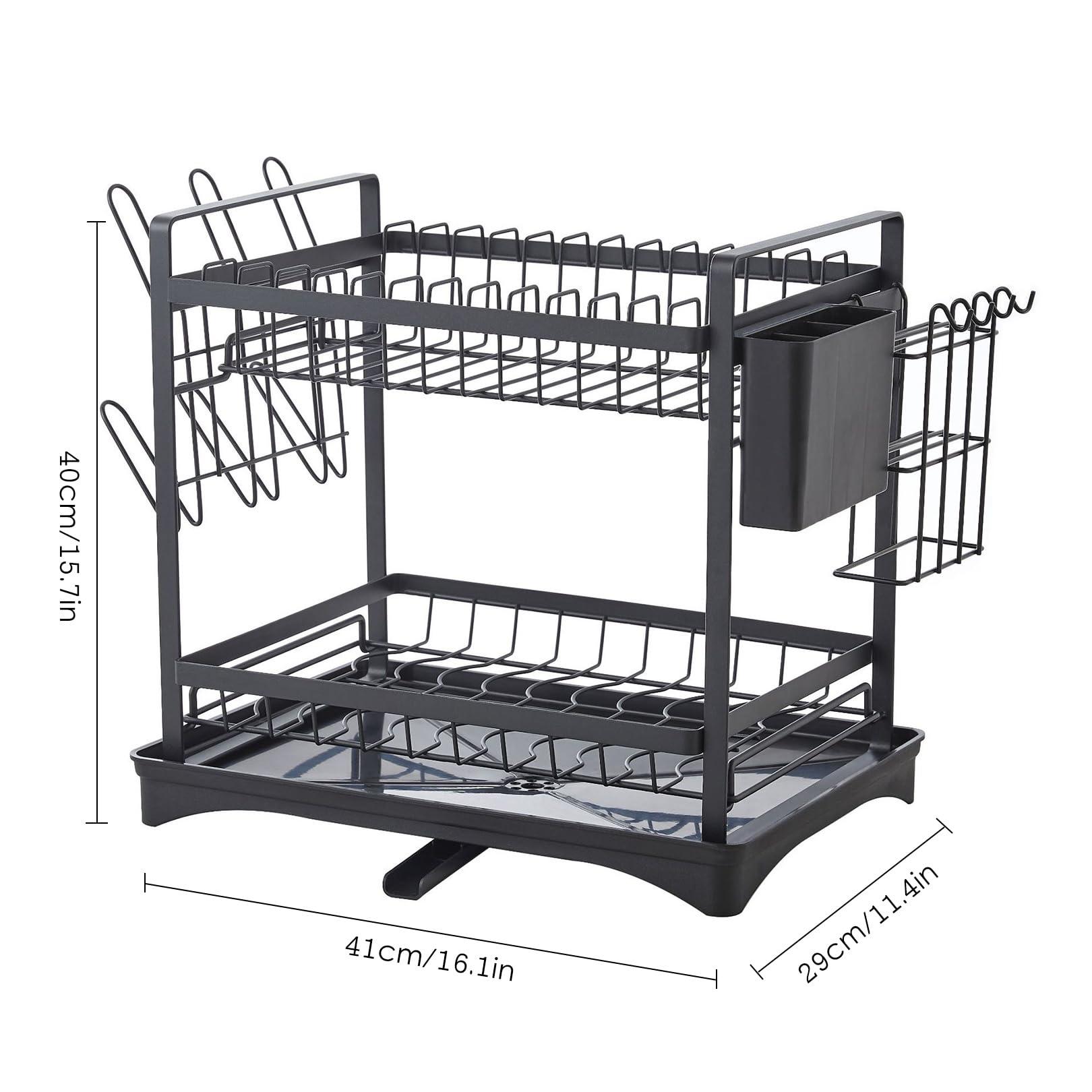 IFGSIWRIJIKWJJEA Kitchen Dish Rack Dish Rack, Dish Drying Rack with Drainboard Set 2-Tier Dish Drainer Black Rust-Proof Dish Rack for Kitchen Counter Kitchen Organizer (Black) (Black)