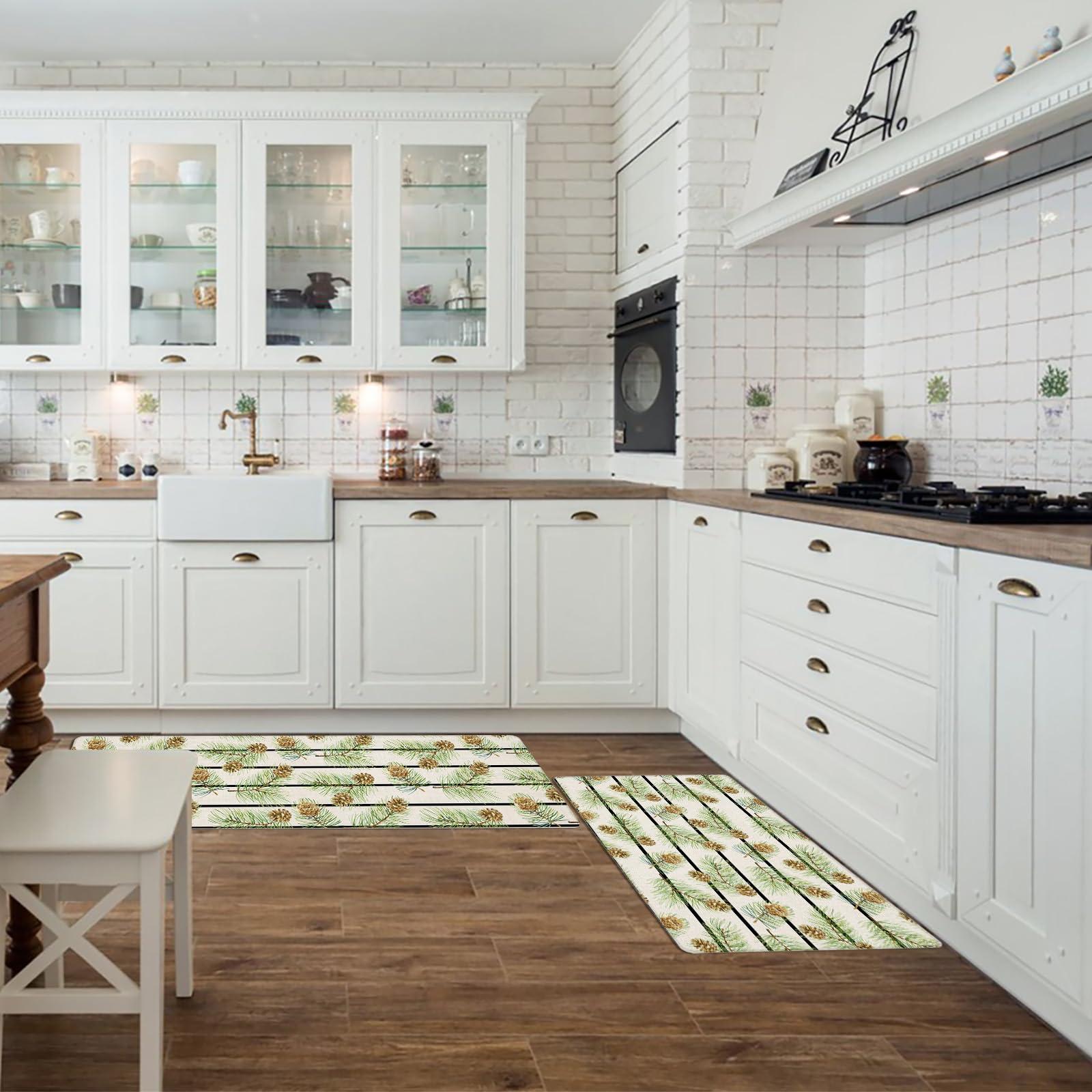 Libaoge Christmas Kitchen Mat Rug Set of 2 Coniferous Pine Cones Cotton Linen Runner Rug Anti-Fatigue Comfort Memory Foam Standing Mat Non-Slip Floor Door Mat for Bathroom Bedroom 24x35in+24x71in