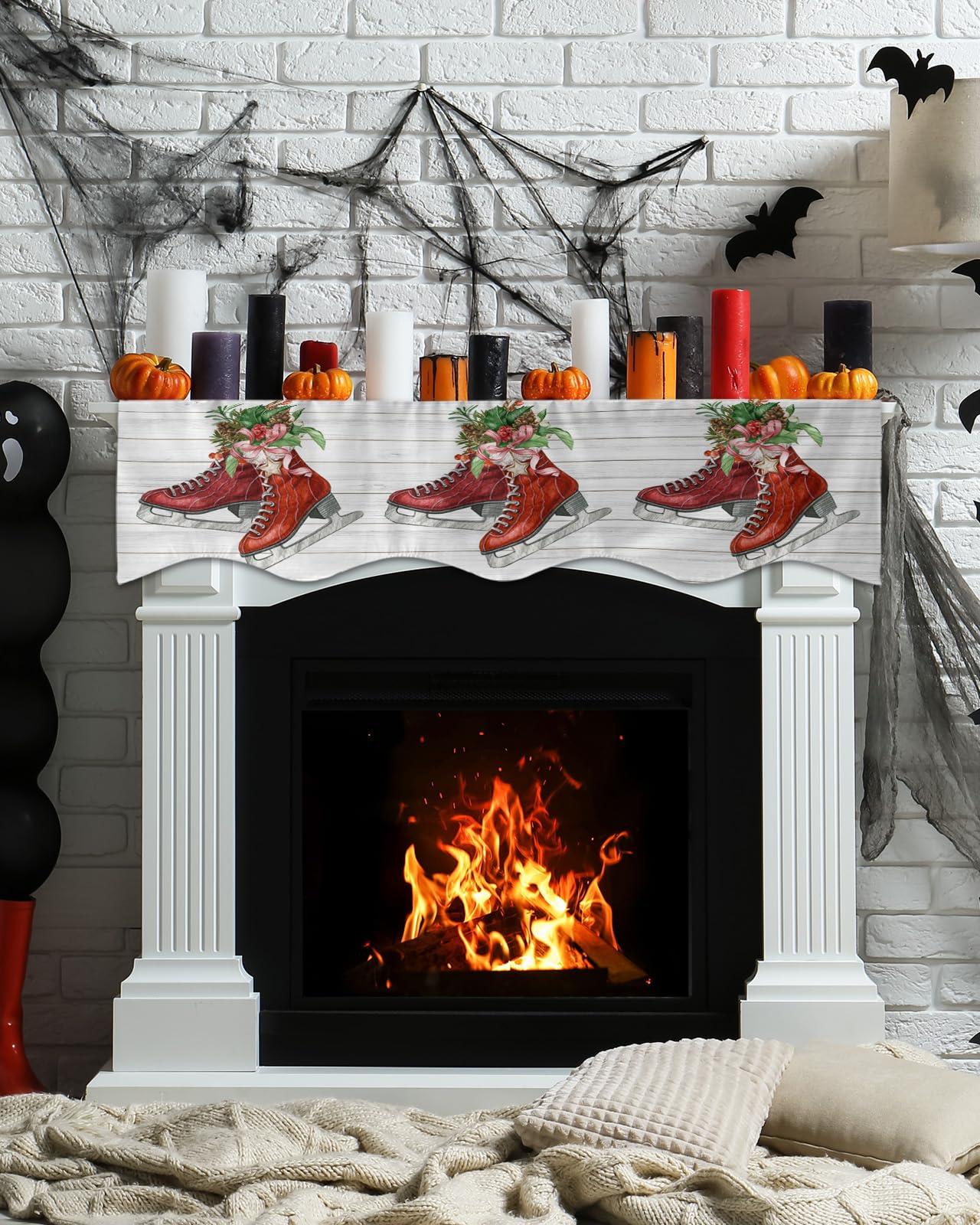 Onekaccu Onekaccu Christmas Fireplace Mantle Scarf, Fireplace Scarf Cover Mantel Shelf Top Scarf Runner Pine Needle Red Skates Rustic Wooden Mantel Cover Fireplace Decoration for Holiday Living Room 90"x17"