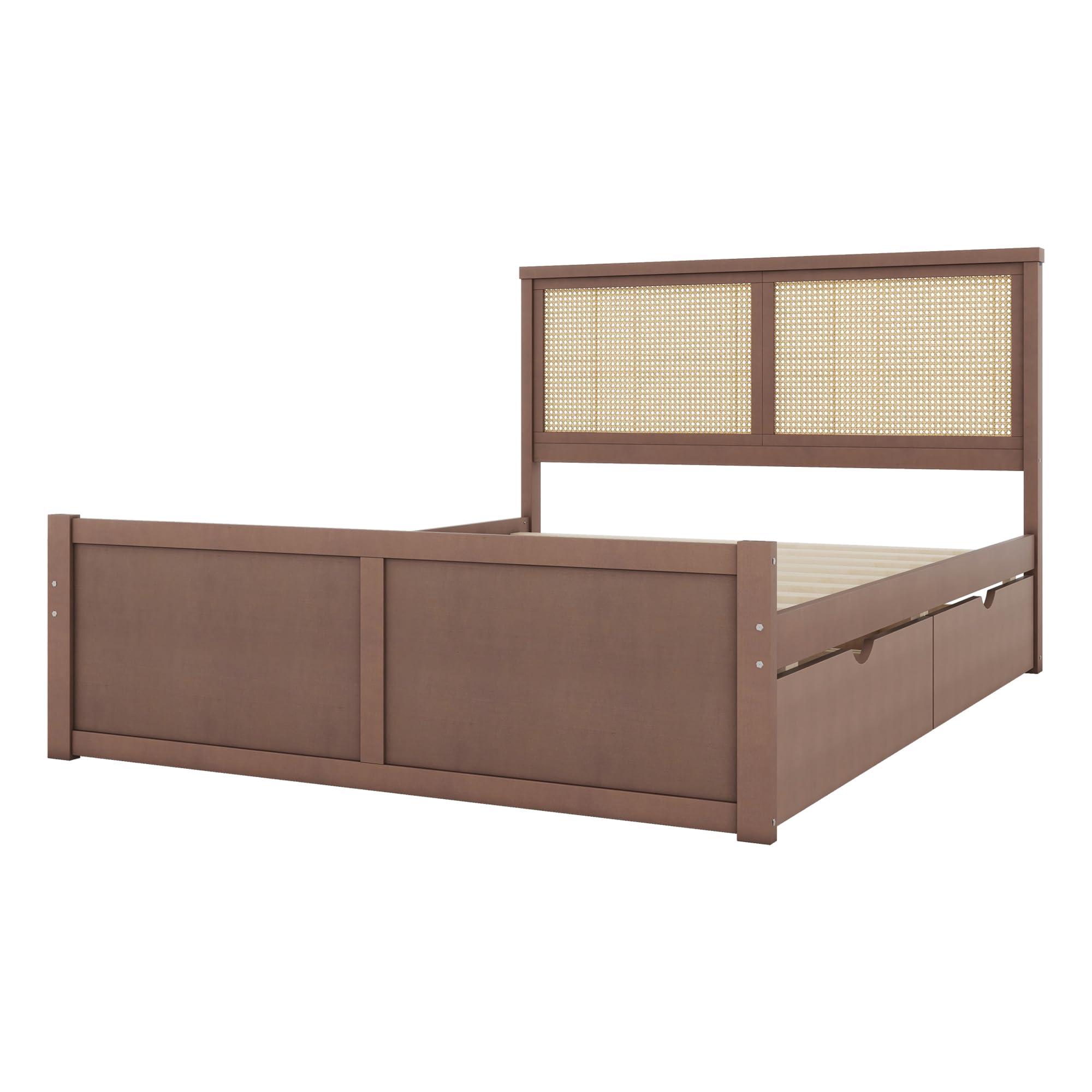 RuiSiSi RuiSiSi Queen Size Wooden Bed Frame with 4 Storage Drawers, Platform Bed with Rattan Headboard, for Bedroom, Espresso