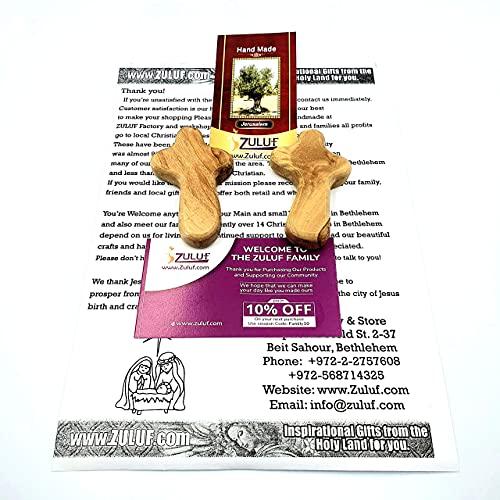 Zuluf Zuluf Two Small Olive Wood Crosses Pocket Holding Comfort Crosses | Handheld Comforting Design for Clutching, Clinging and With Two Holy Land Certificates 6cm / 2.5 Inch Each Cross - CRS094