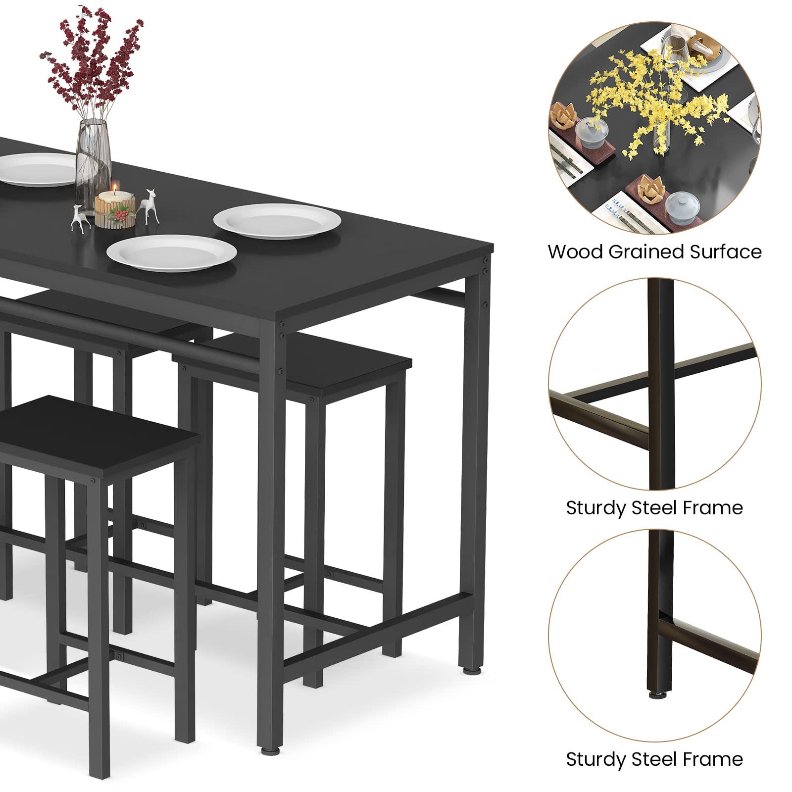 Lamerge Lamerge Dining Bar Table Set for 4, Modern Counter Height Table and 4 Bar Stools, 5 Piece Bar Table and Chairs Set for Small Spaces, Apartment, Pub, Dining Room, Kitchen (Black)