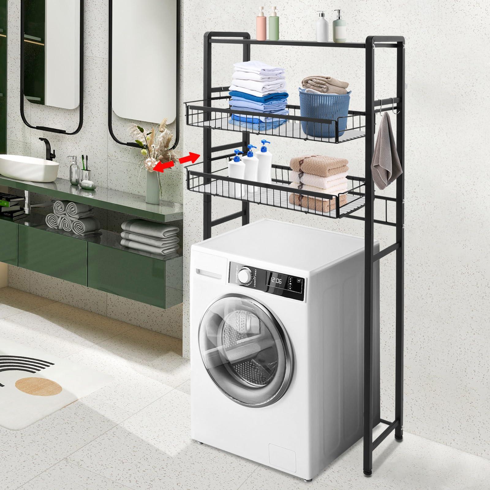 WXLTSGM WXLTSGM 3 Tier Washing Machine Shelf, Multifunctional Laundry Room Storage Shelf, Over Washer and Dryer Shelves Space Saving Organizer for Storing Paper Towels, Cleaning Supplies, Cosmetics (Black)