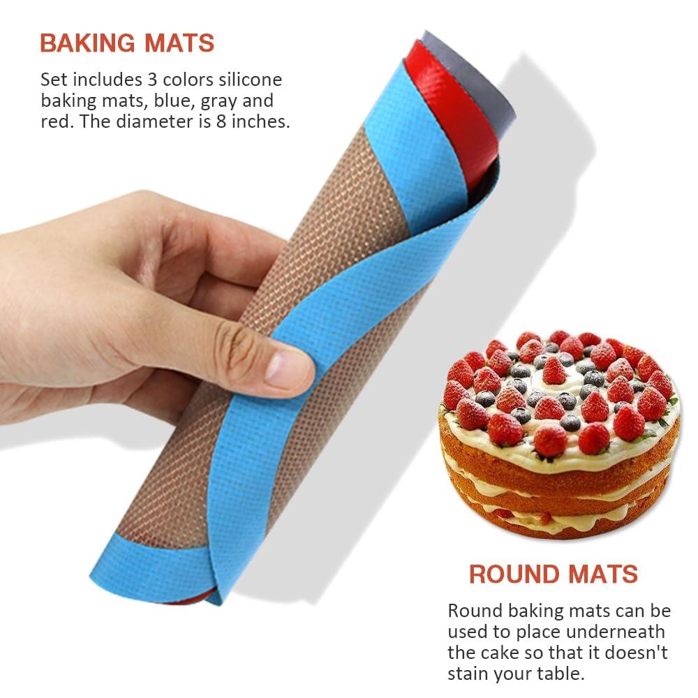 Goalfly Goalfly 8 Inch Round Silicone Baking Mat, Set of 3 Reusable Silicone Baking Mats, Silicone Mat for 8 Inch Cake Pan, Silicone Mat for Baking Cake, Pizza, Pie, Bread, Macaron (Red, Blue, Grey)