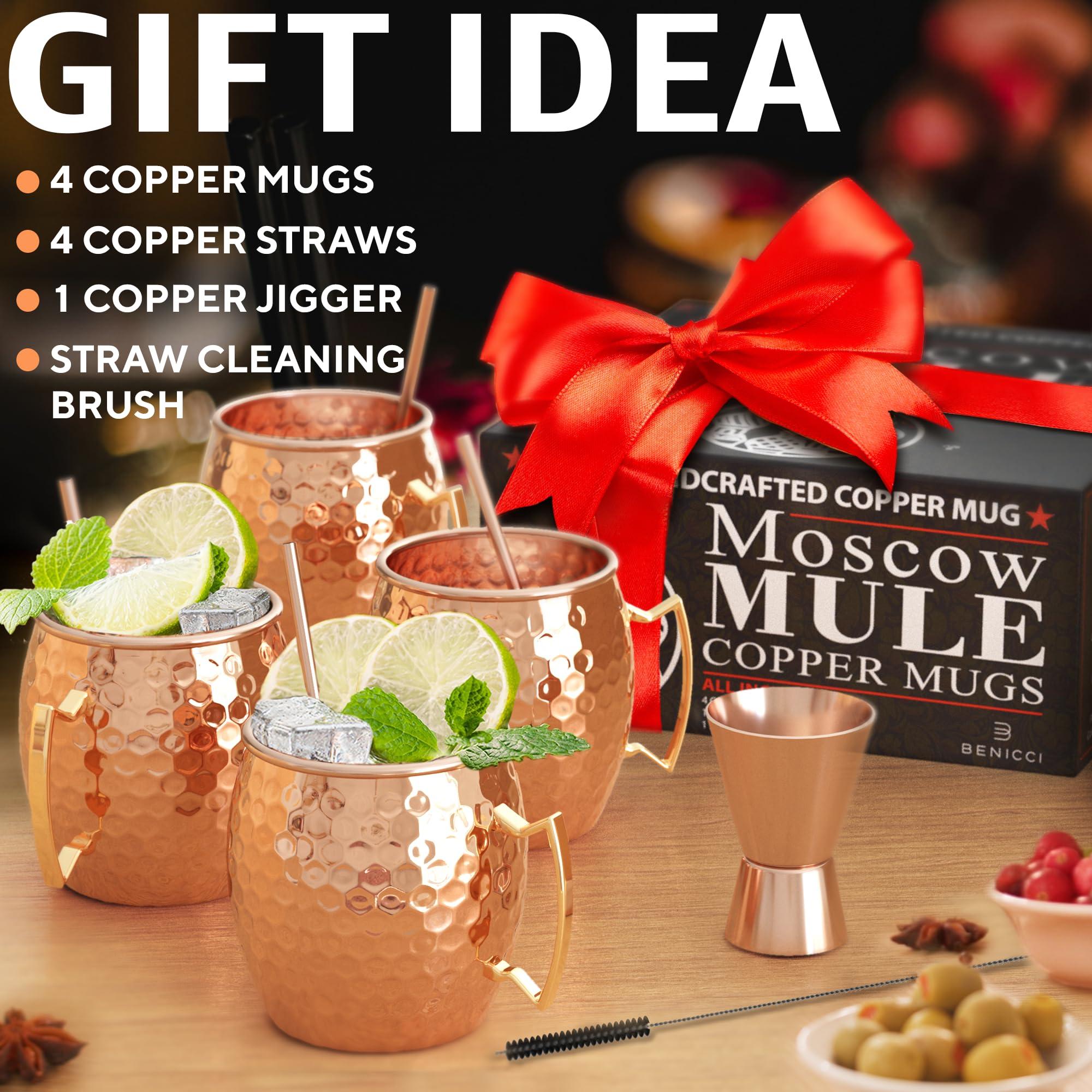 Benicci Benicci Moscow Mule Copper Mugs - Set of 4-100% HANDCRAFTED - Food Safe Pure Solid Copper Mugs - 16 oz Christmas Gift Set with Premium Quality Cocktail Copper Straws and Jigger!