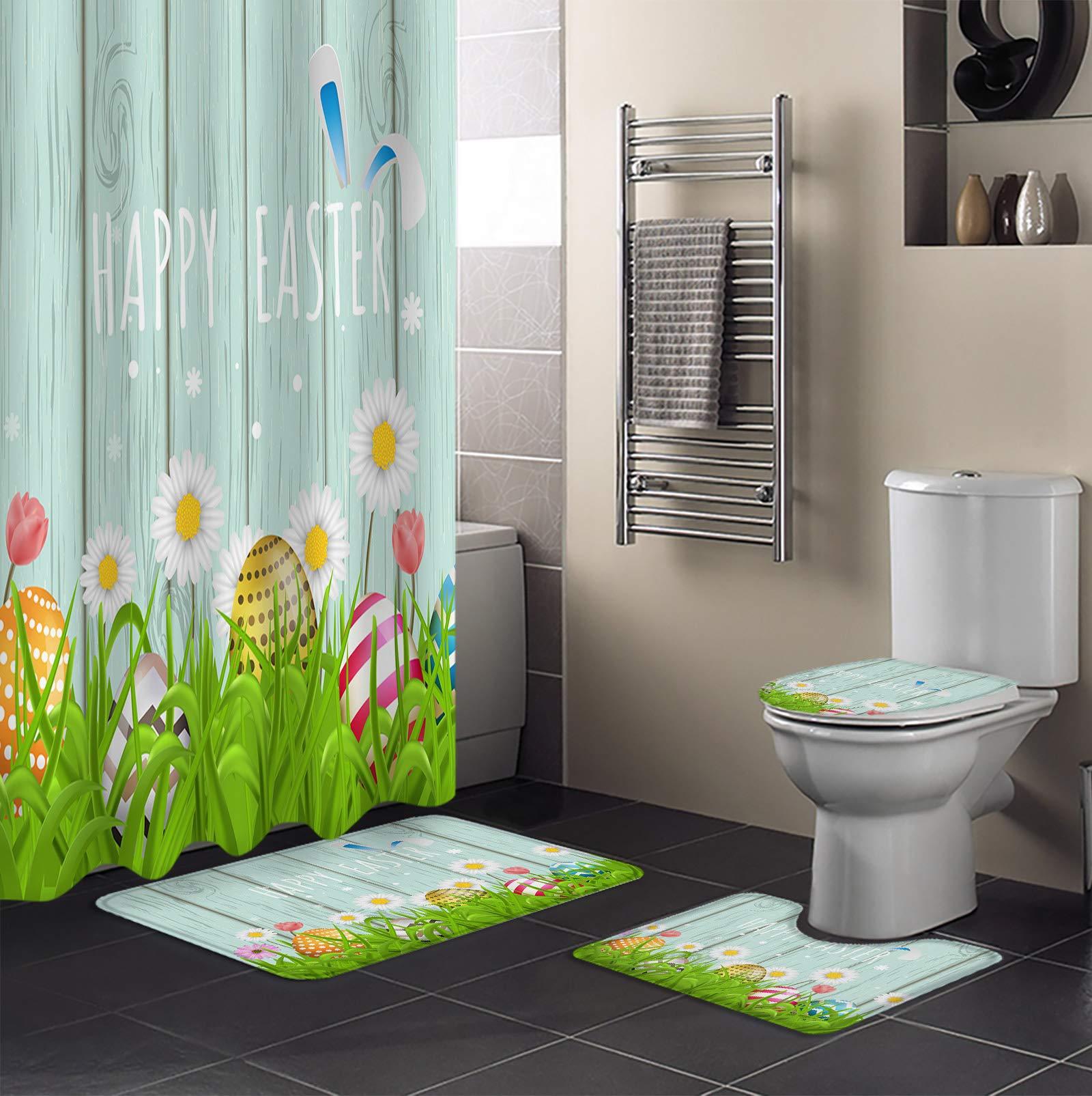 Libaoge 4 Pcs Shower Curtain Set Include Non-Slip Bath Rug Toilet Lid Cover Contour Mat Waterproof Bath Curtain Hpapy Easter Rabbit Bunny Eggs Flower for Bathroom Decor