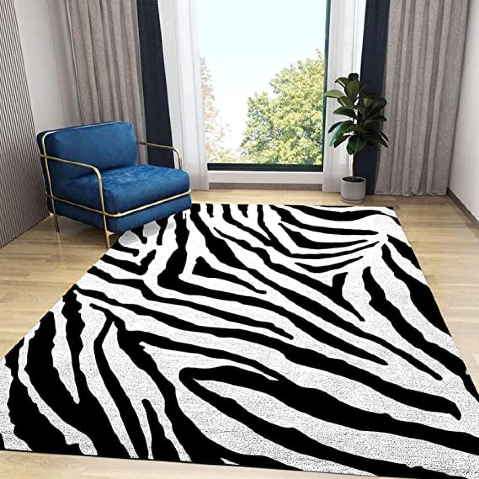 Aonige AONIGE Stylish Black White Textured Area Rugs, Modern Creative Zebra Stripe Print Carpet, Non-Slip Machine Washable Bedroom Rug for Living Room Girls Room Nursery, 3' x 5'