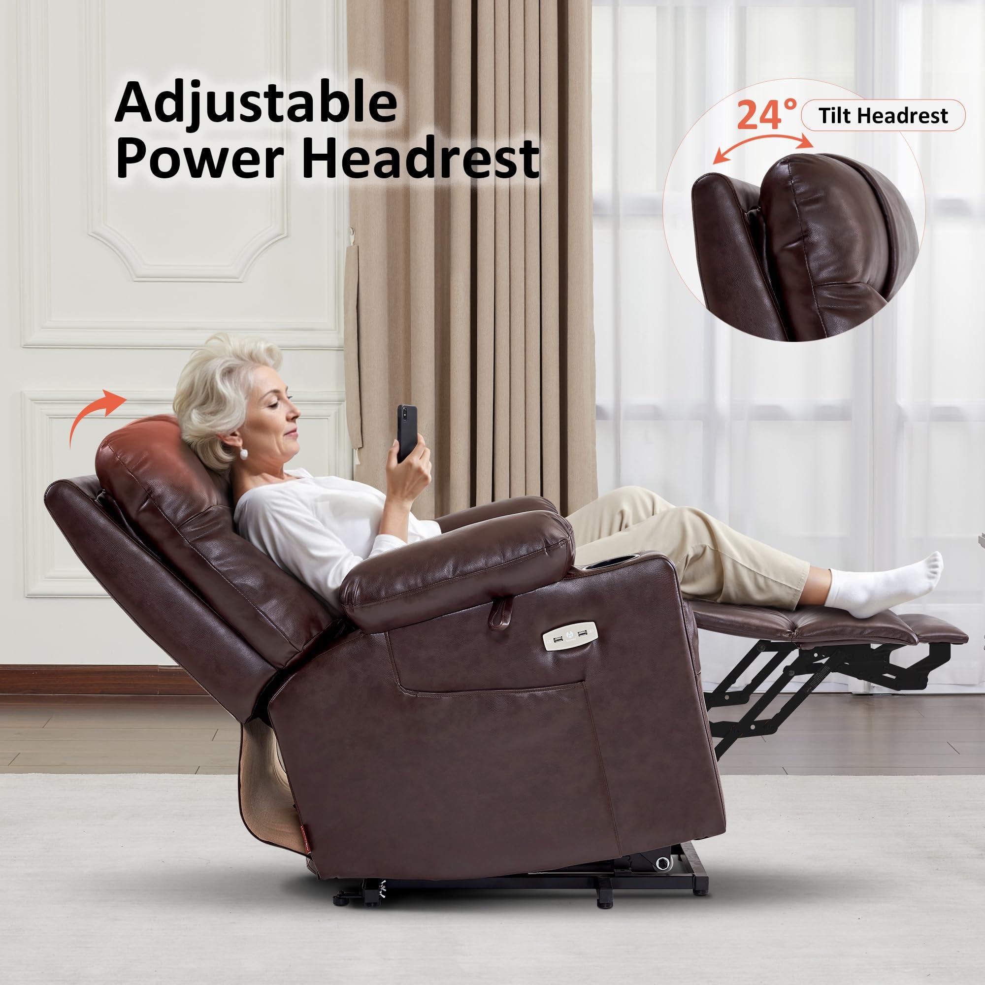 MCombo MCombo Small Size Power Lift Recliner Chair Sofa with Massage and Dual Heating, Adjustable Headrest for Elderly People Petite, USB Ports, Faux Leather 7111 (Dark Brown)