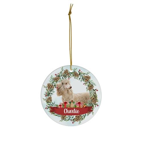 Lovesout Pinecones Theme Design with Silver Beige Standard Poodle Personalized Christmas Ornaments 2024 Circle White Ceramic Puppy Owner Gifts