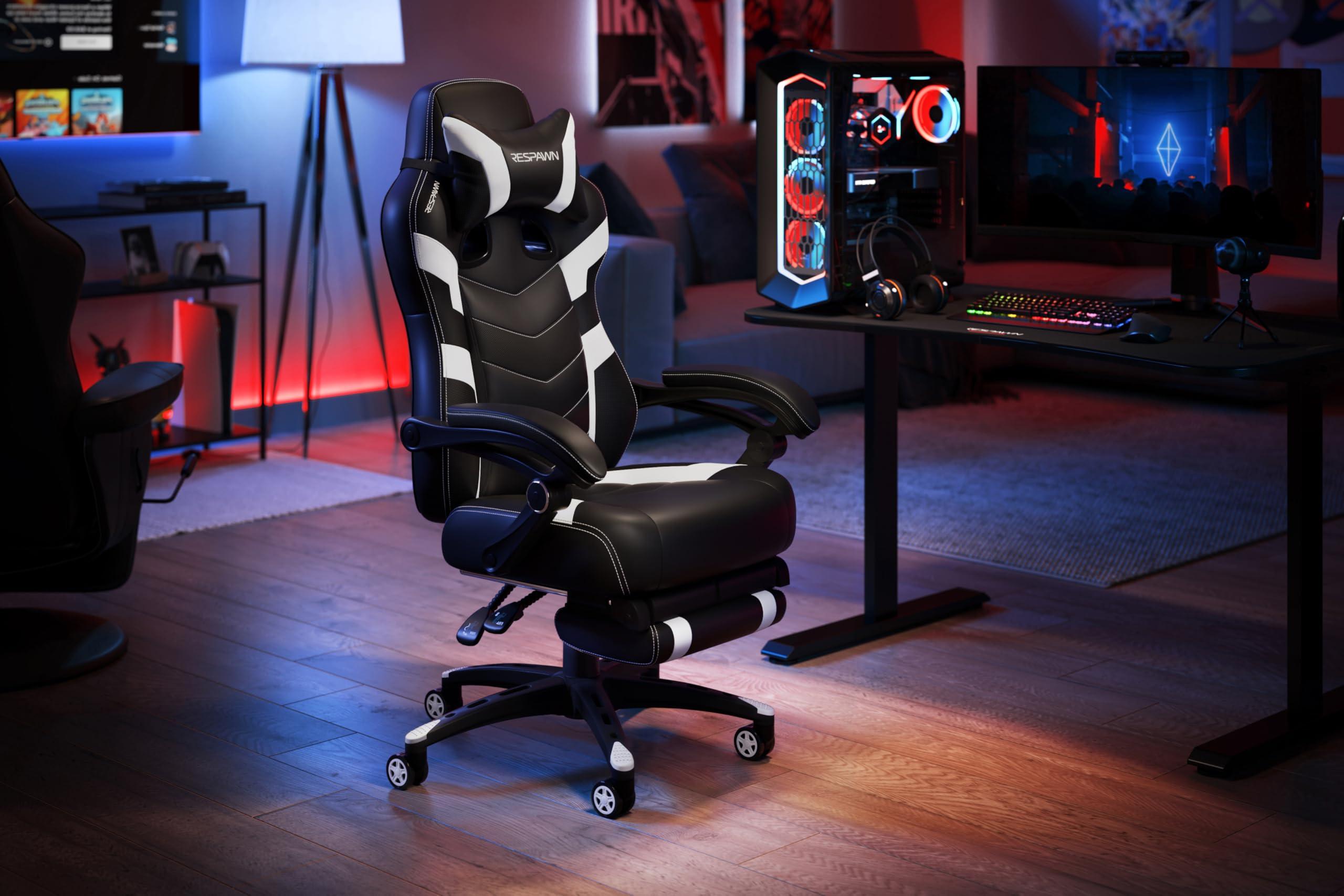 RESPAWN RESPAWN 110 Ergonomic Gaming Chair with Footrest Recliner - Racing Style High Back PC Computer Desk Office Chair - 360 Swivel, Adjustable Lumbar Support, Headrest Pillow, Padded Armrests - 2021 White