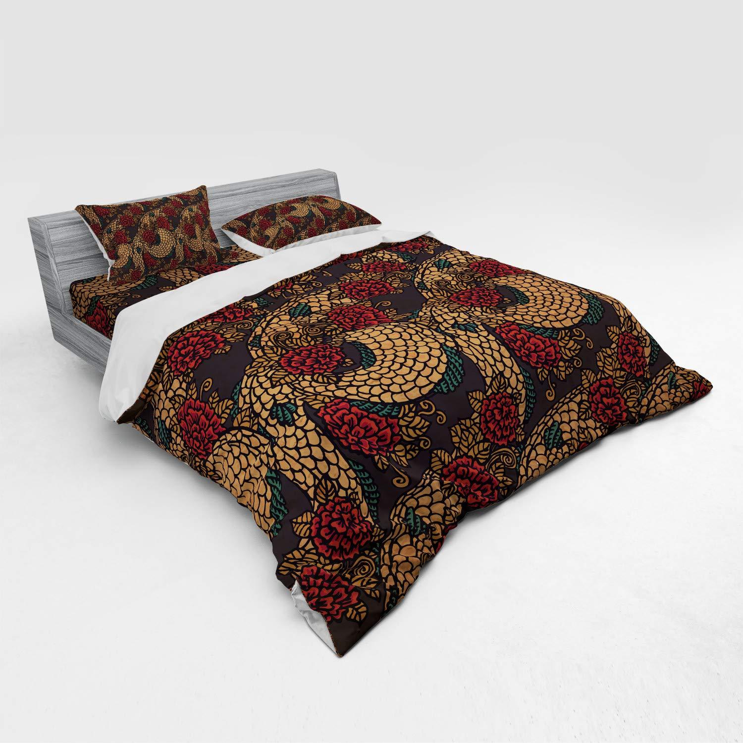 Ambesonne Ambesonne Asian Bedding Set, Traditional Design Roses and Dragon Eastern Chinese Pattern, 4 Piece Duvet Cover Set with Shams and Fitted Sheet, King Size, Jade Green Sand Brown