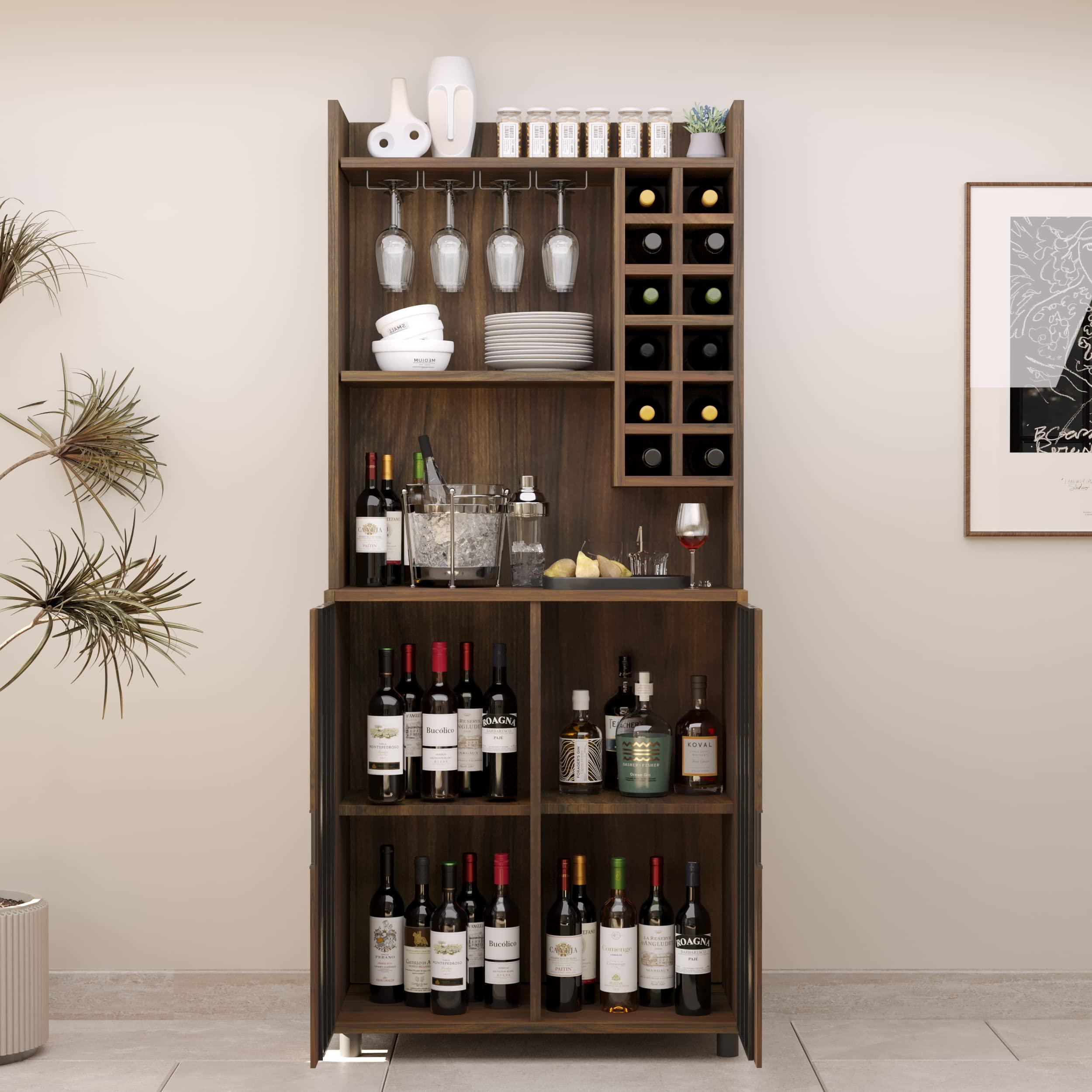 Orweiin Orweiin Wine Bar Cabinet for Liquor and Glasses with 12 Wine Bottle Racks, Kitchen Hutch Storage Cabinet for Living, Dinning Room, HallwayDoors That Combine Wire Mesh with MDF