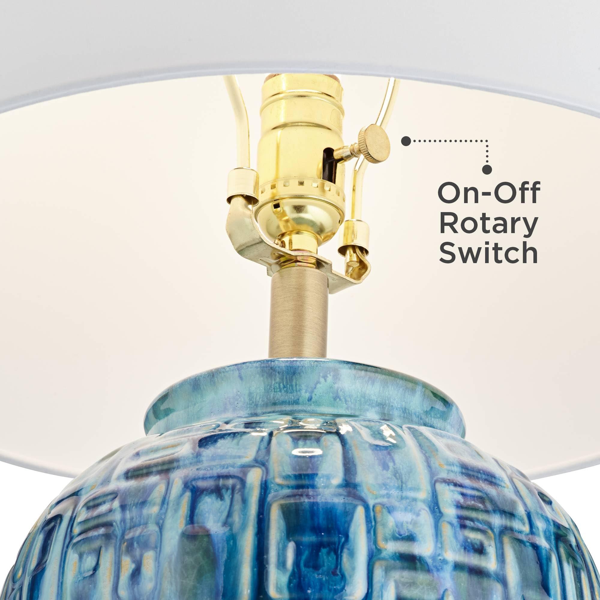 Possini Euro Design Possini Euro Design Asian Modern Table Lamp 27\" Tall Teal Glaze Textured Ceramic Temple Jar White Tapered Drum Shade for Bedroom Living Room House Home Bedside Nightstand Office Entryway Family