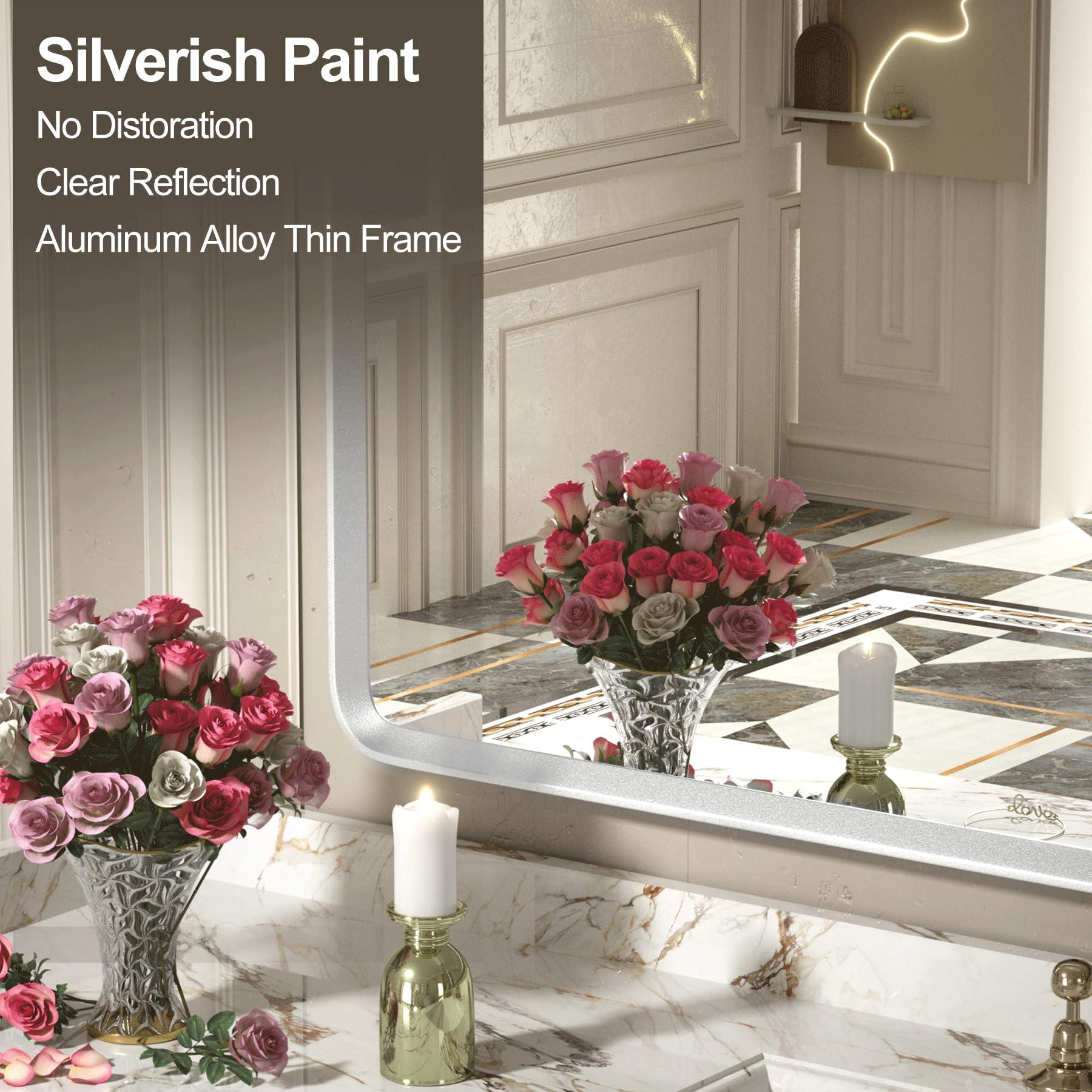 GOLOMO GOLOMO 48x36 Inch Silver Bathroom Mirror for Wall, Silver Metal Framed Bathroom Vanity Mirror, Modern Rounded Rectangle Mirror, Shatterproof, Anti-Rust (Horizontal/Vertical)